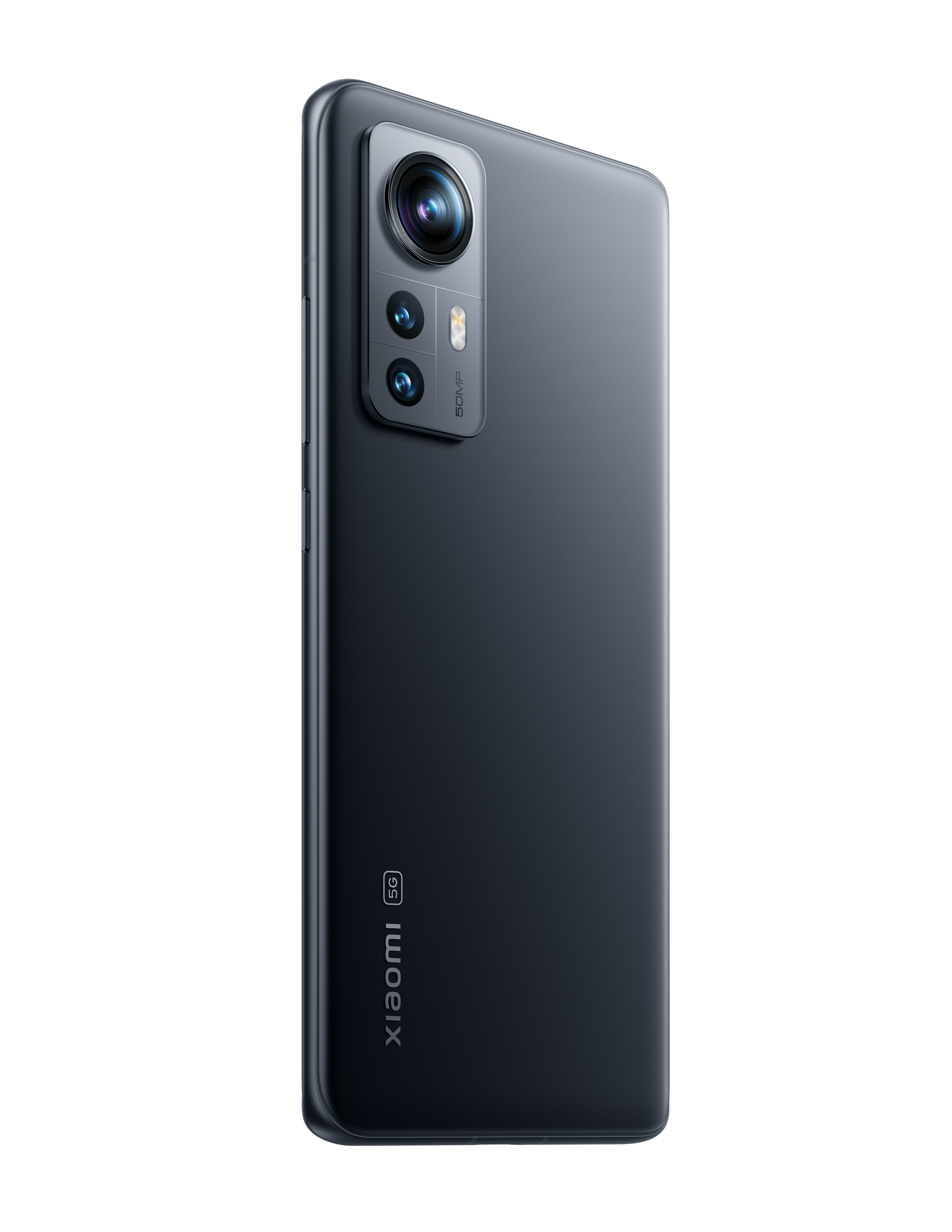 Donkergrijze Xiaomi 5G smartphone, tegen witte achtergrond. Met camera's en Xiaomi logo.
