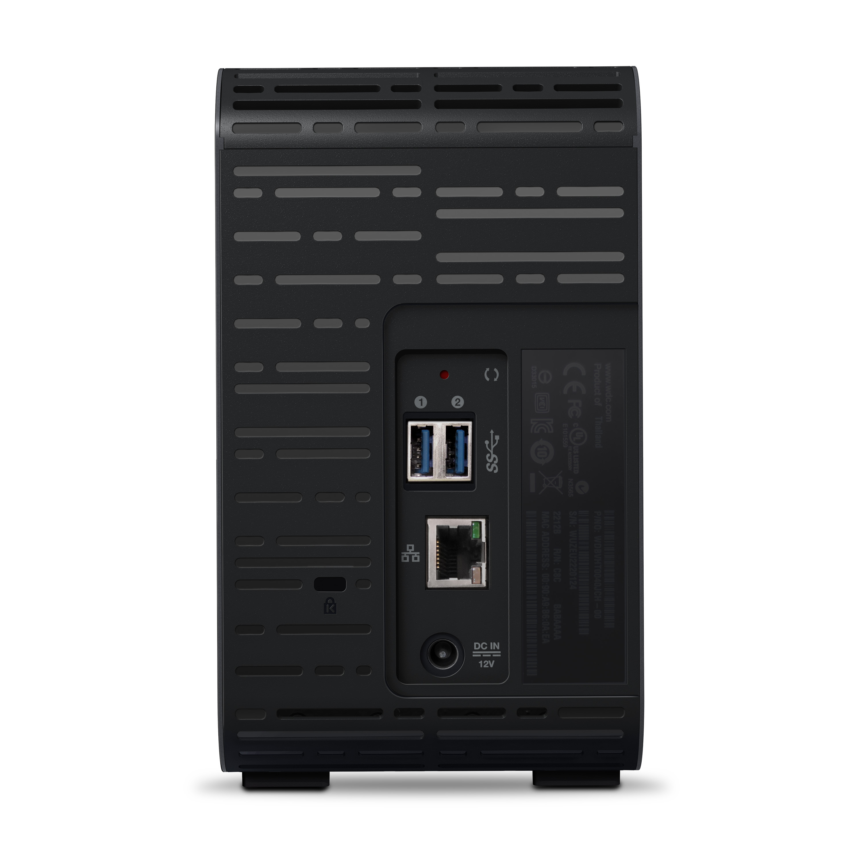 Rückseite einer schwarzen externen Festplatte. Anschlüsse: USB, Ethernet und Strom. Details: Produktinfo und Seriennummer.