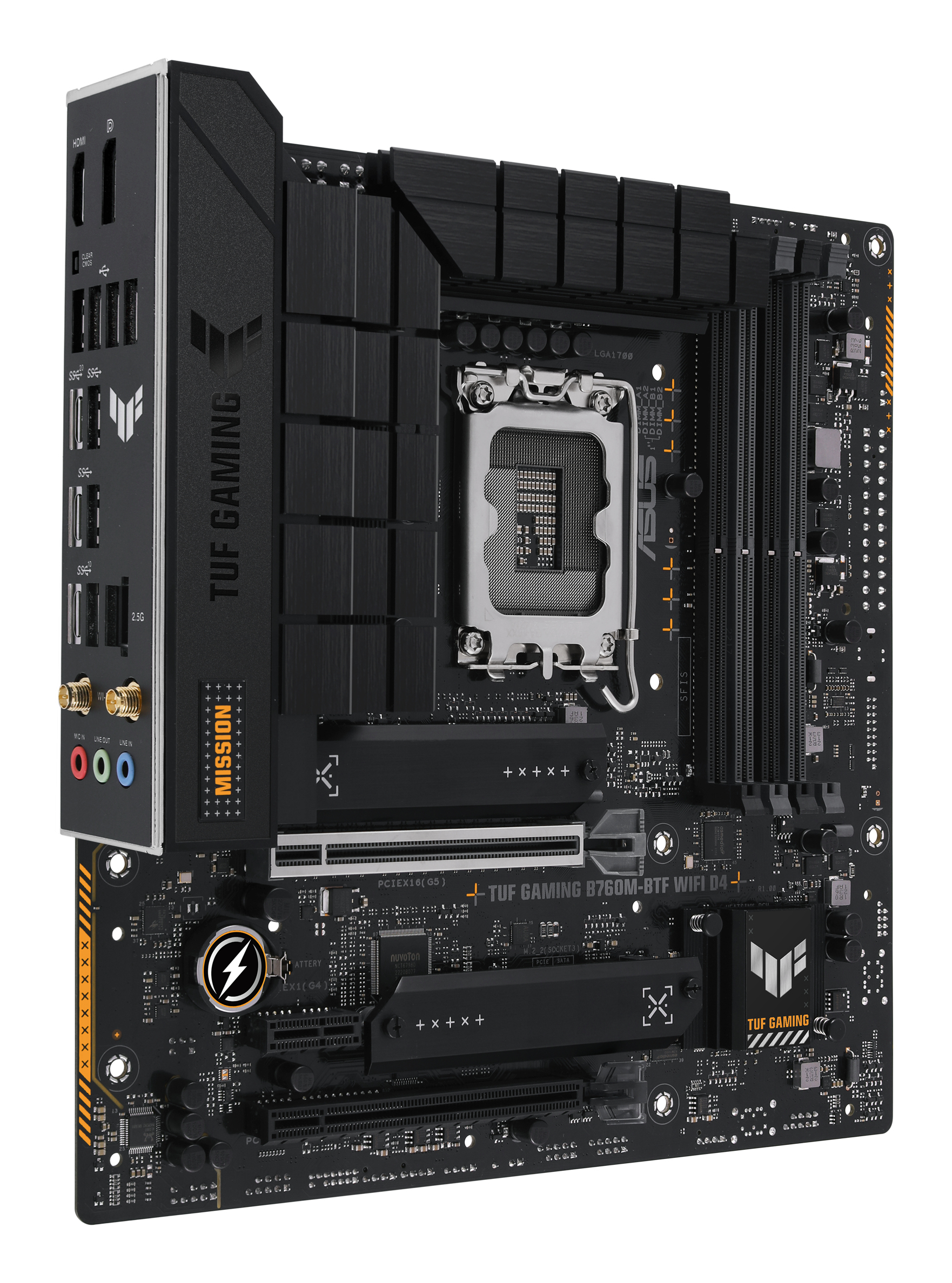 Scheda madre nera ASUS TUF GAMING B760M-BTF WIFI D4. Include slot, connettori e il logo TUF GAMING.