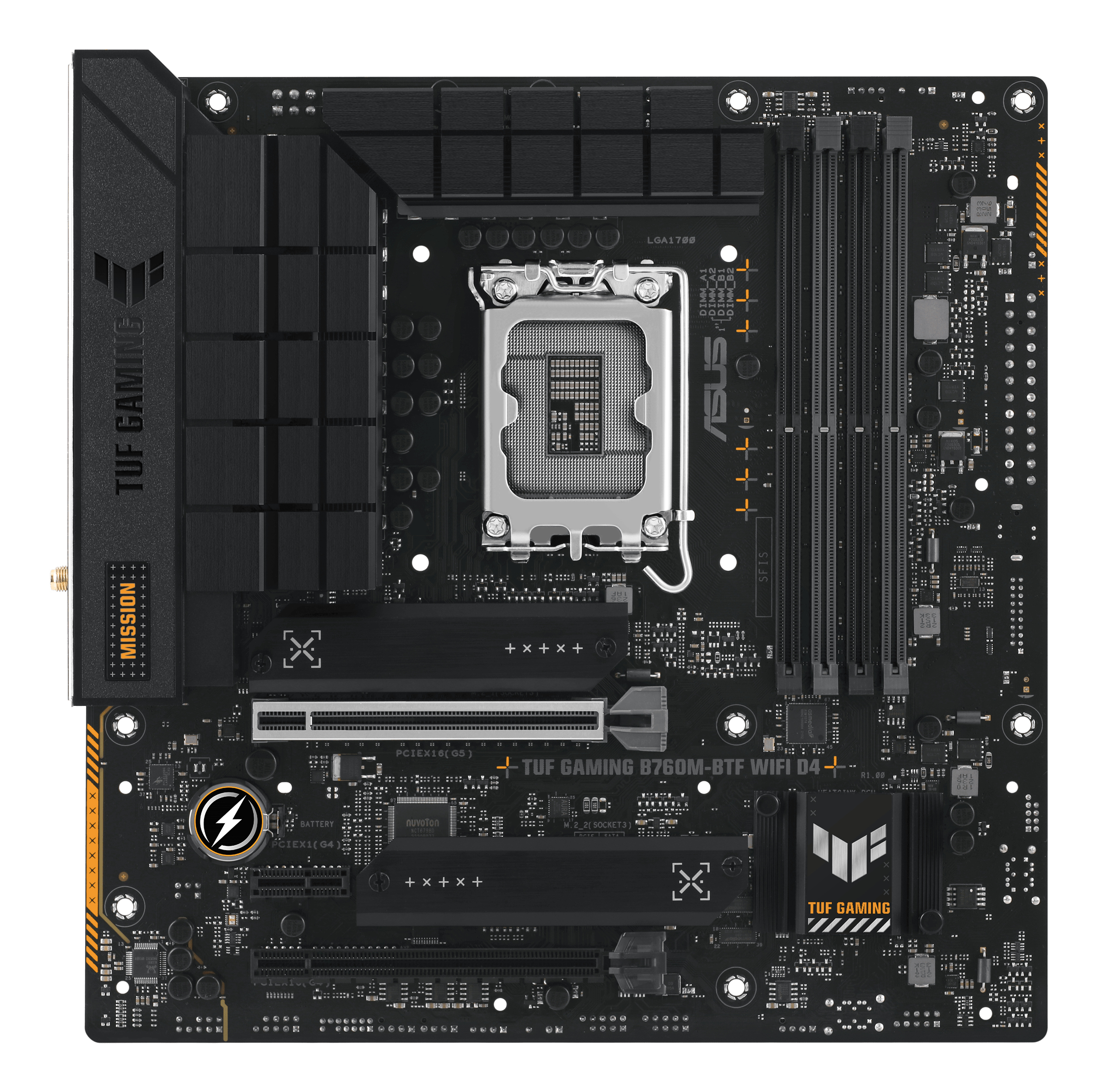 Una scheda madre nera con il logo ASUS TUF GAMING, varie porte e un socket CPU è mostrata.