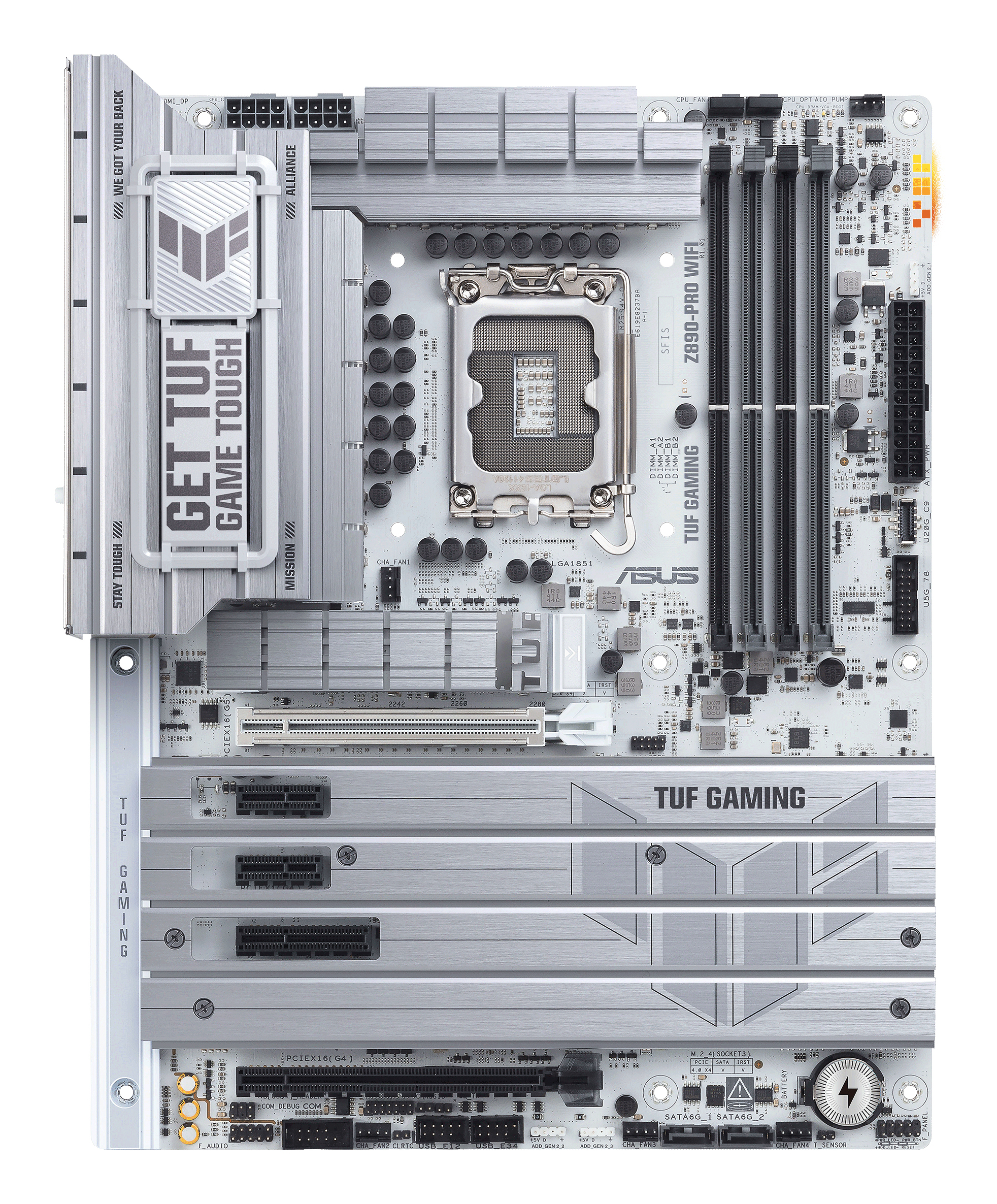 A silver and gray ASUS TUF Gaming motherboard with various components and text.