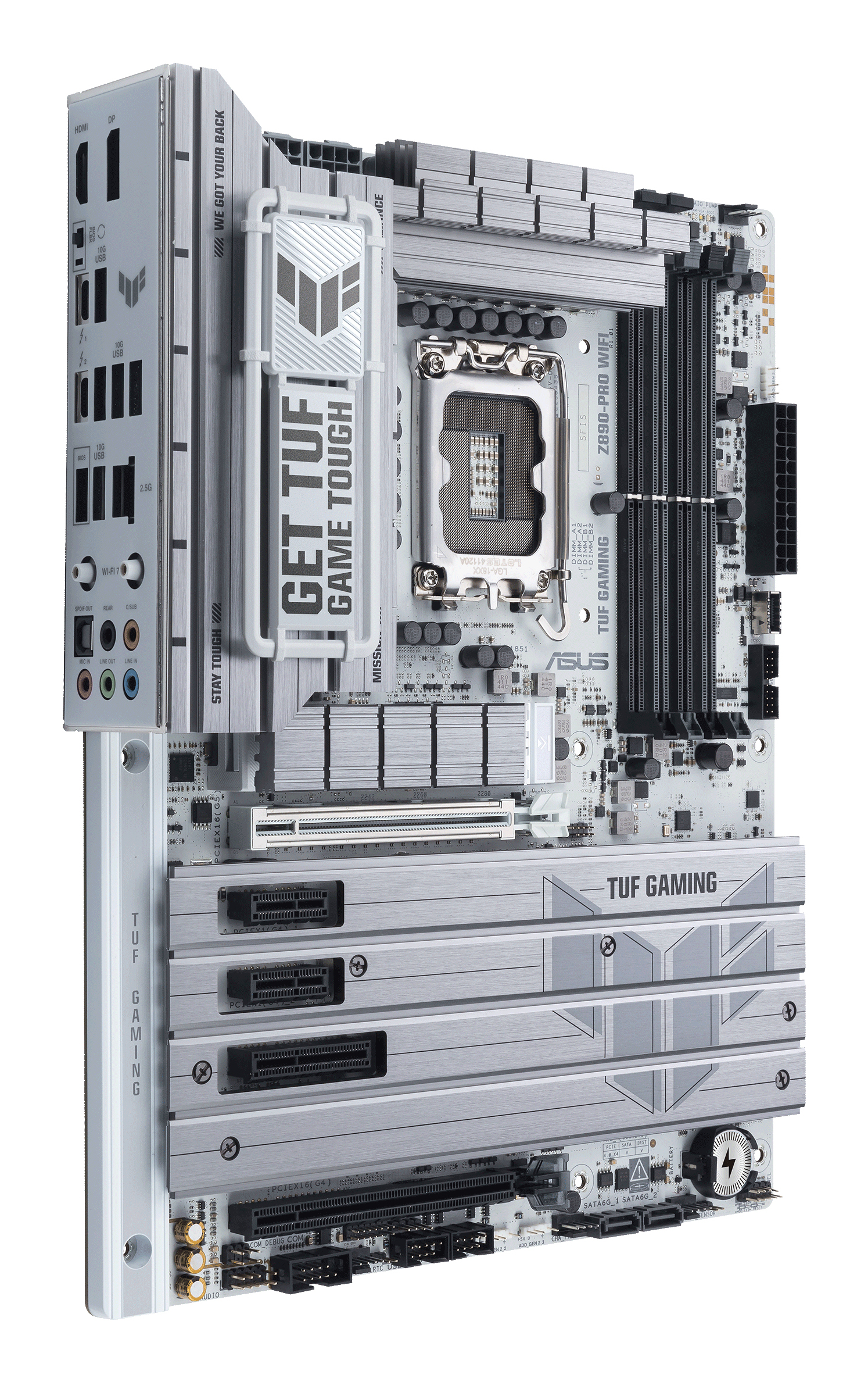 A computer motherboard, silver and black, with various ports, slots, and the words "TUF GAMING".