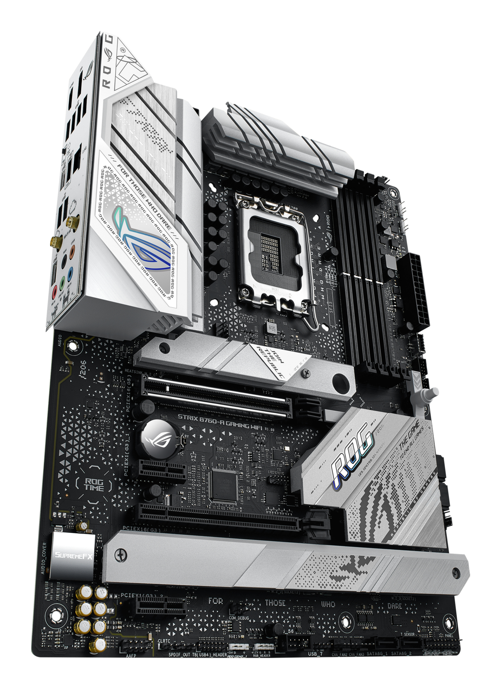 A computer motherboard with silver and black components, ROG logo visible, and various ports and slots.