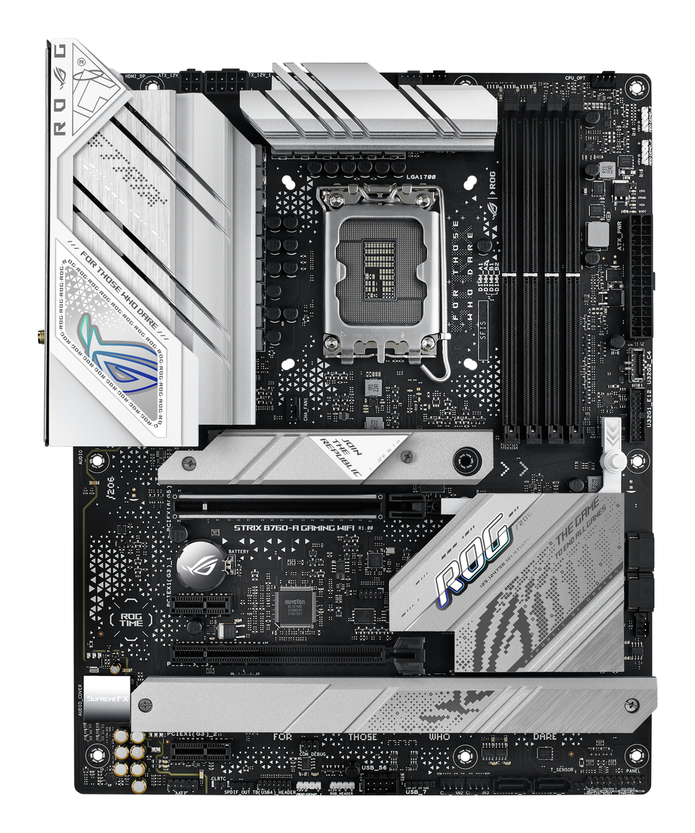 Black and silver computer motherboard with various components and text, ROG logo.