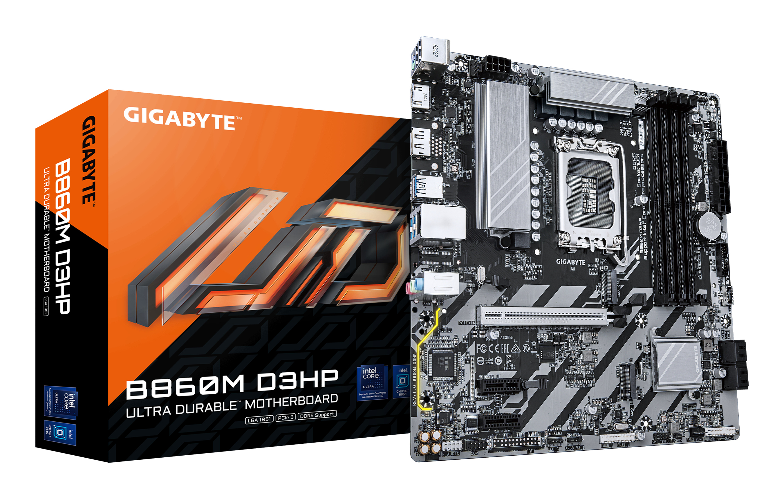 A Gigabyte B860M D3HP motherboard box and the motherboard itself are displayed.