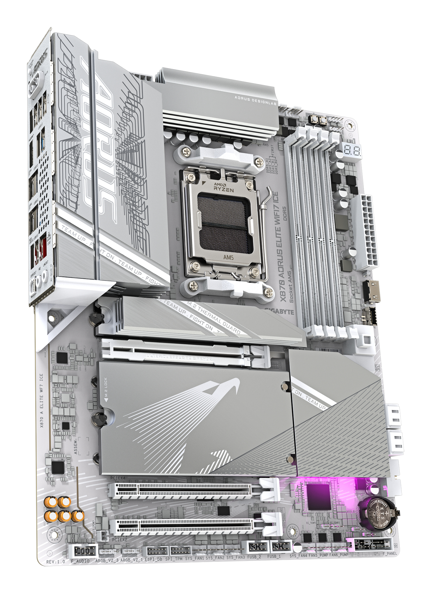 Biała i szara płyta główna z logo AMD Ryzen. Posiada kilka gniazd, portów i markę AORUS.