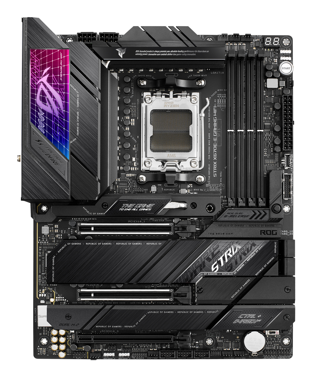 Scheda madre nera con vari componenti, tra cui slot, porte e un socket AMD Ryzen, etichettata STRIX X670E-E GAMING.