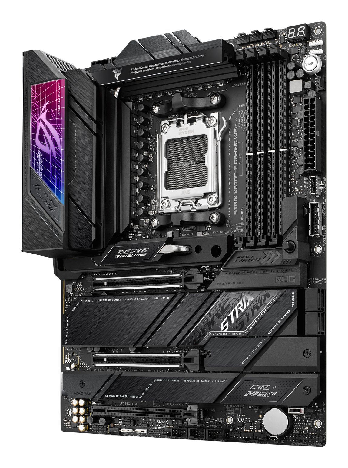 Una scheda madre per computer nera con vari componenti, tra cui slot, connettori e il logo ROG. Lo sfondo è semplice.