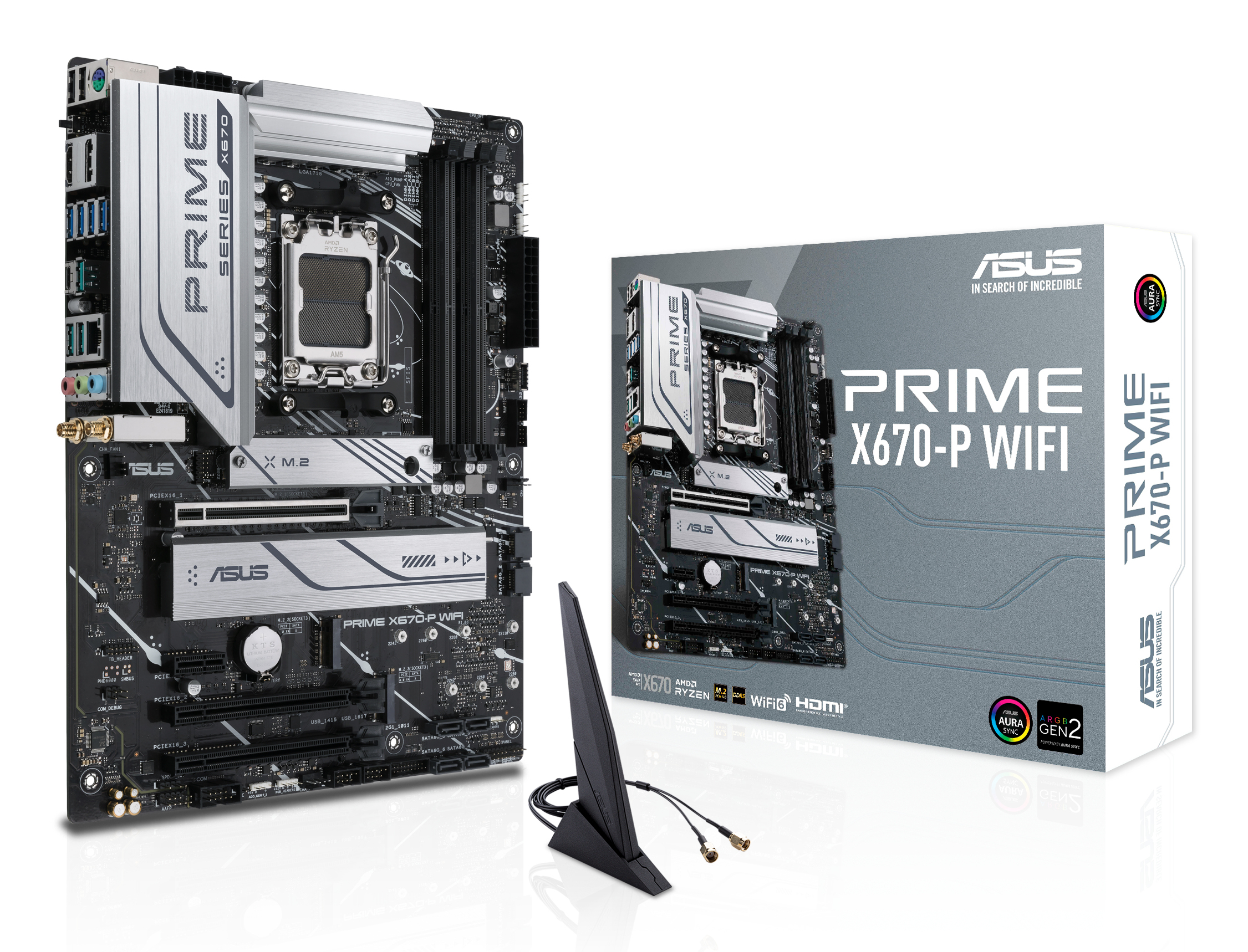 Una placa base ASUS Prime X670-P WIFI con su caja y antena. La caja es gris y blanca, la placa base es negra y plateada.