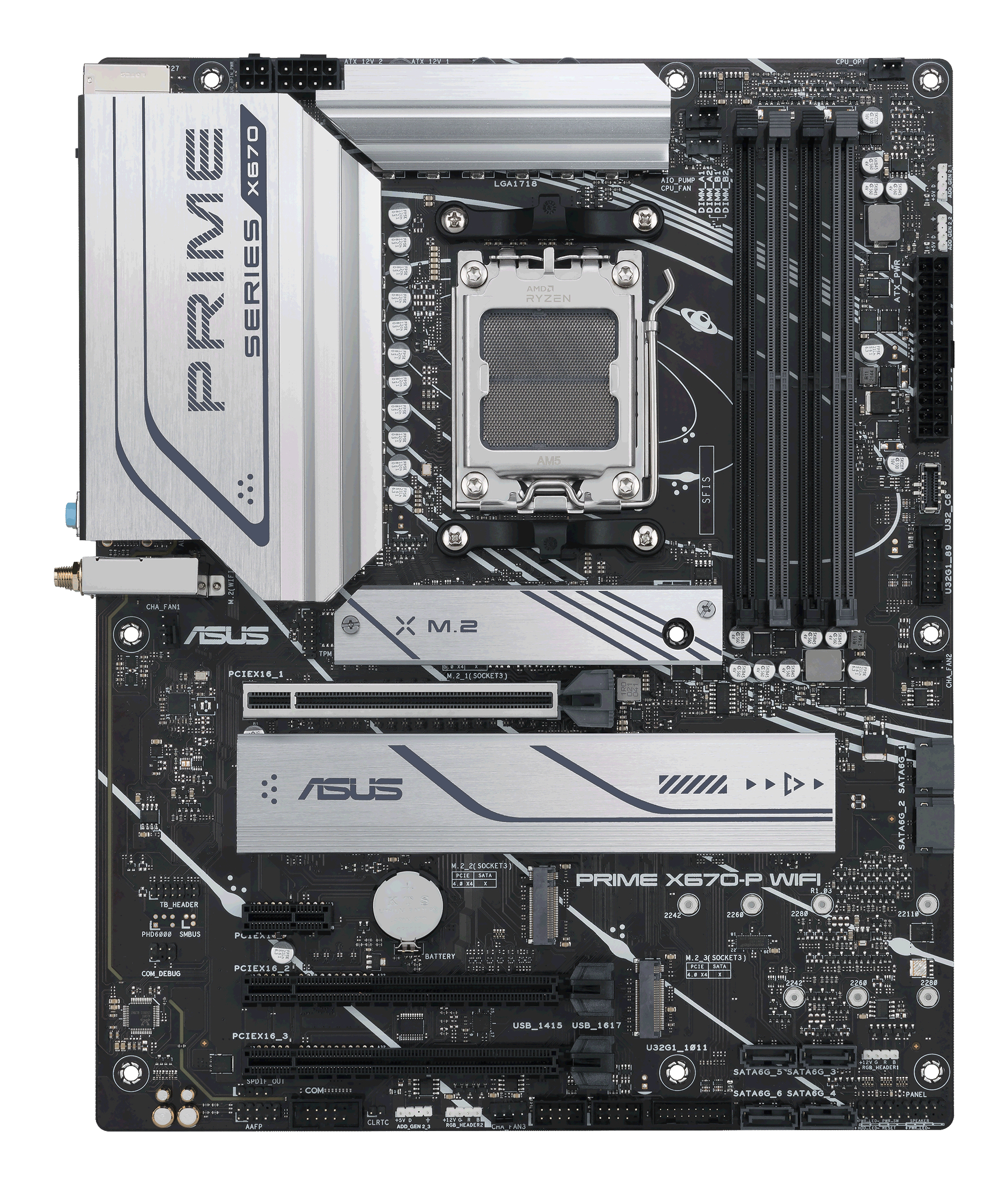 Placa base negra con disipadores plateados, ranuras y la marca ASUS Prime X670.