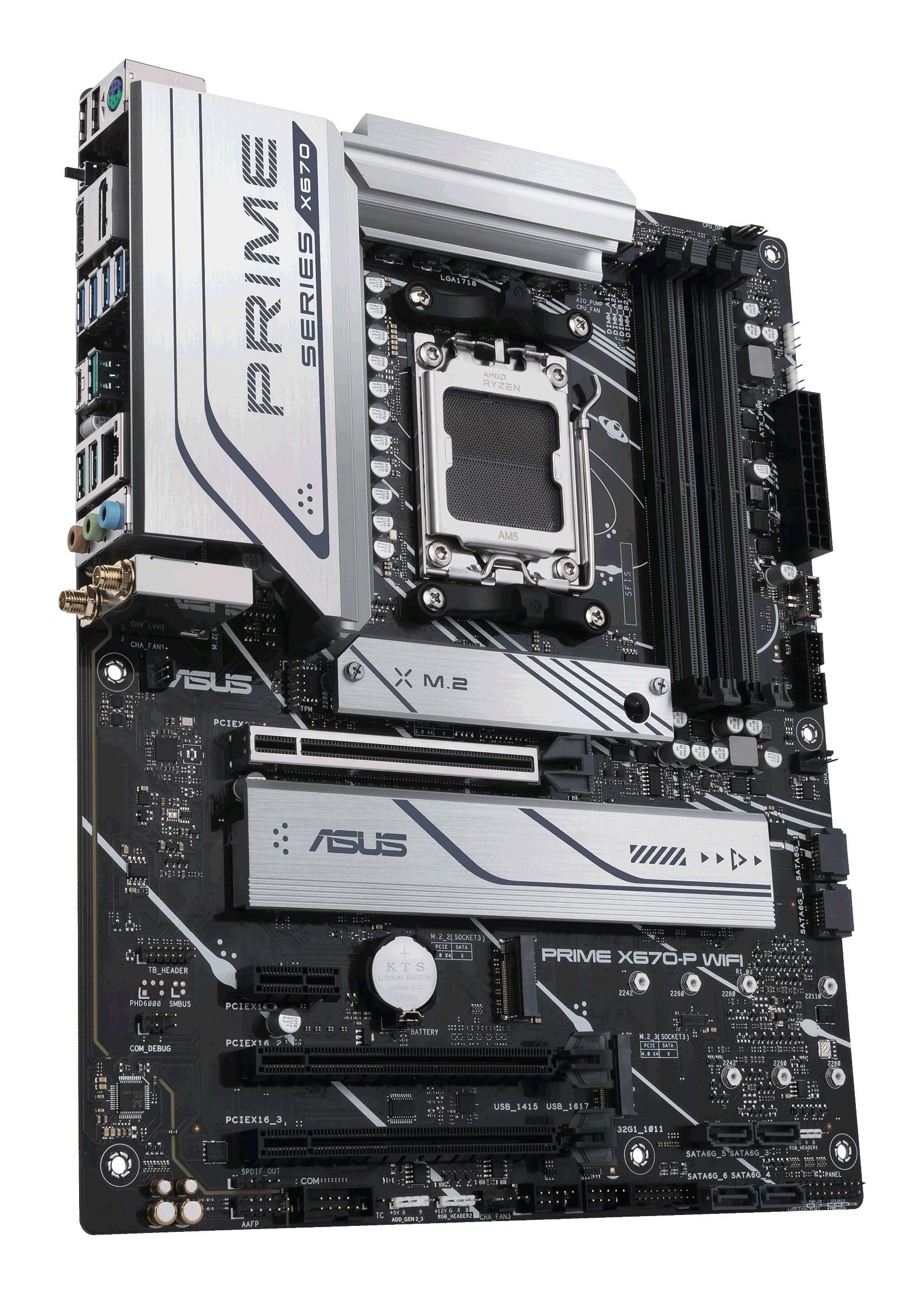 Una placa base ASUS Prime X670-P WiFi negra y plateada con múltiples conectores y ranuras.