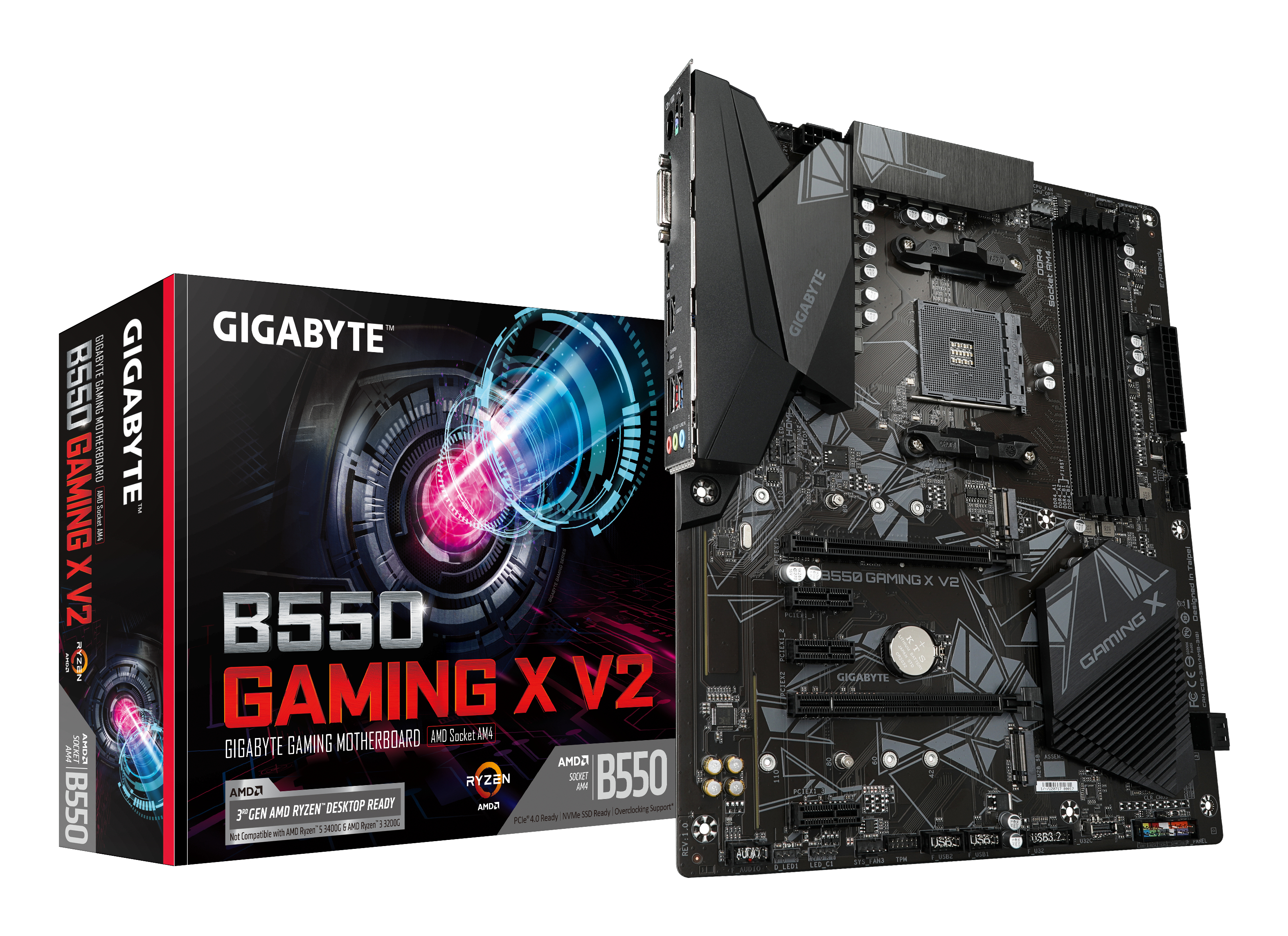 Wyświetlana jest czarna płyta główna Gigabyte B550 Gaming X V2 i jej pudełko. Pudełko zawiera obraz płyty głównej.