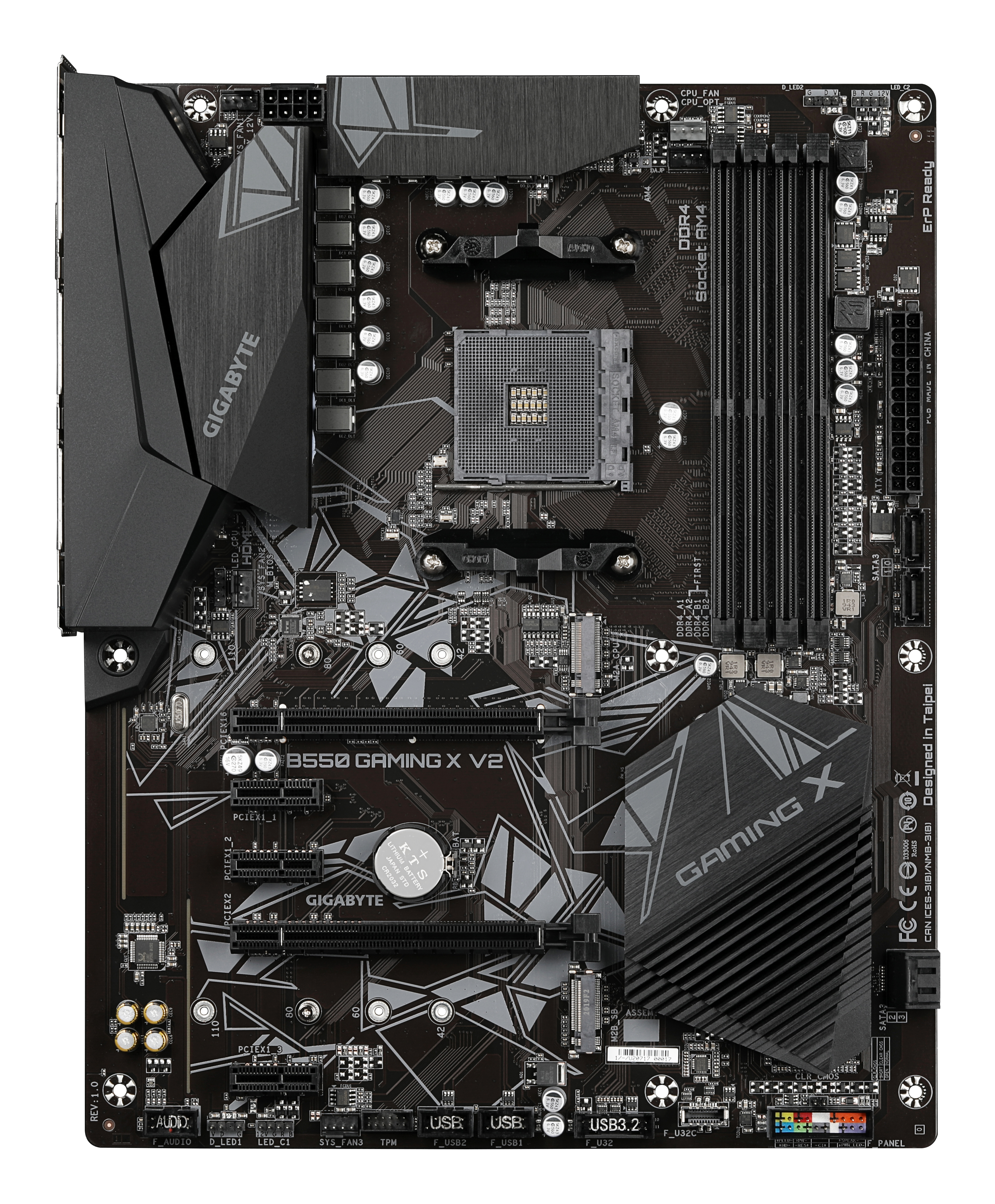 Czarna płyta główna Gigabyte B550 Gaming X V2. Posiada gniazda PCI, gniazda RAM i różne złącza.