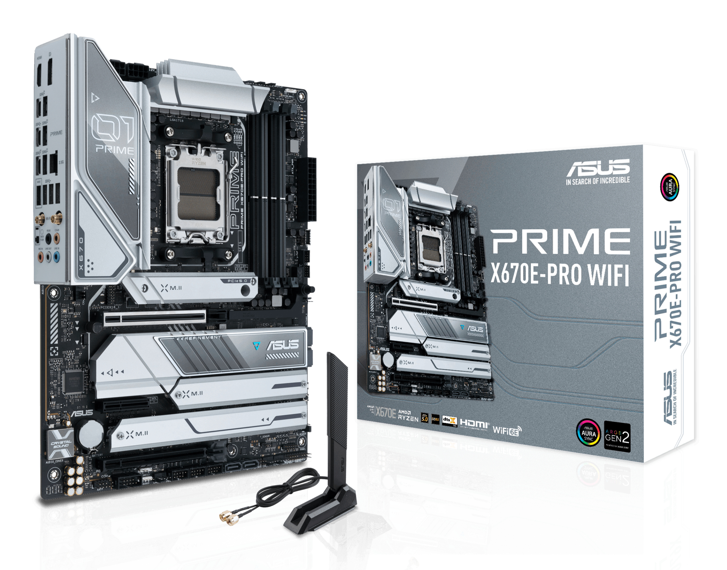 Una scheda madre ASUS Prime X670E-PRO WIFI e la sua scatola sono esposte. Un'antenna e la sua base sono presenti.