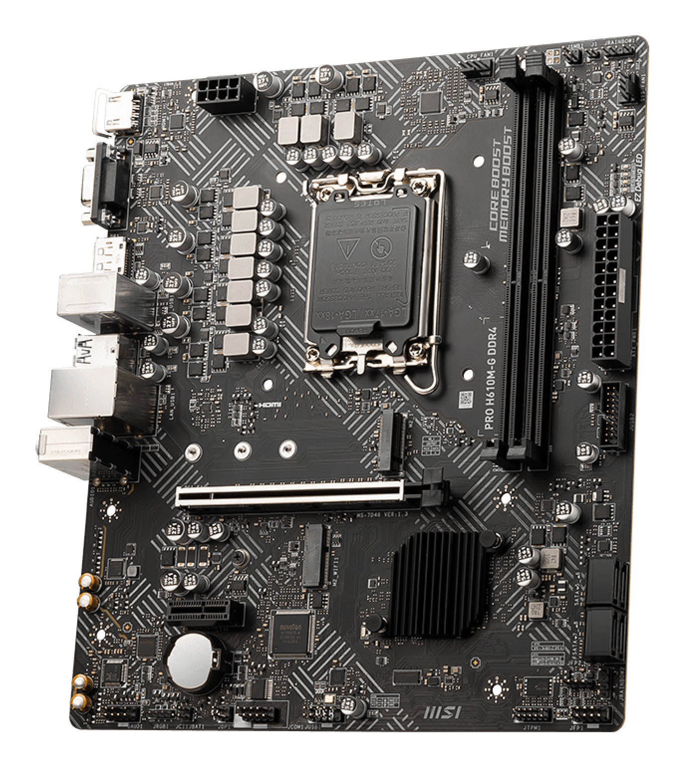 Ein schwarzes MSI PRO H610M-G DDR4-Motherboard. Zu den Komponenten gehören CPU-Sockel, RAM-Steckplätze und verschiedene Anschlüsse. Der Hintergrund ist weiß.