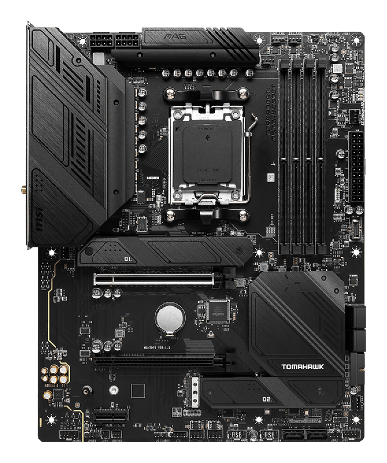 Czarna płyta główna MSI Tomahawk z różnymi komponentami, takimi jak gniazdo procesora, gniazda RAM i gniazda rozszerzeń. Ciemny, techniczny design.