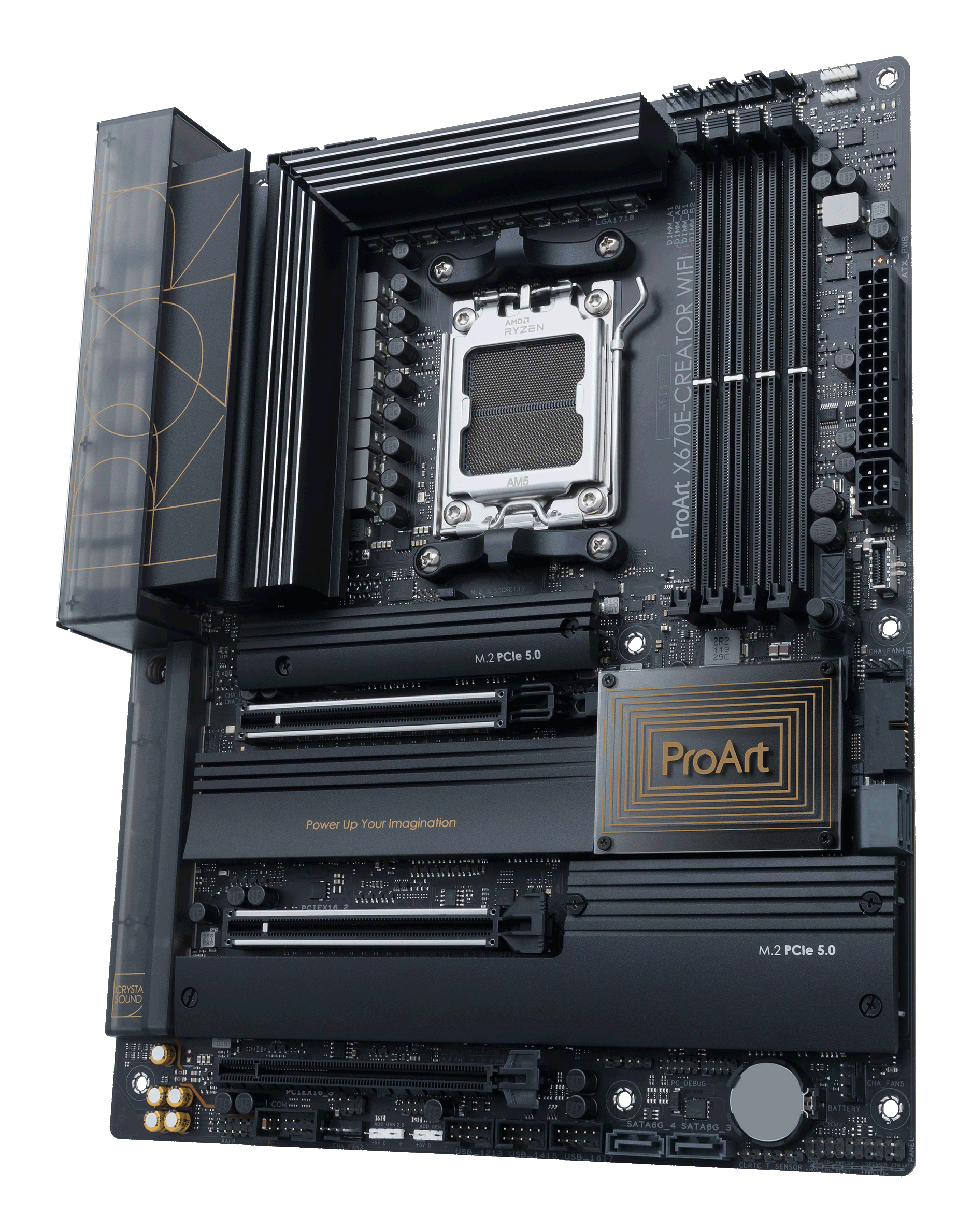 Una scheda madre nera e grigia con socket CPU, dissipatori di calore e vari connettori. Il logo ProArt è visibile.