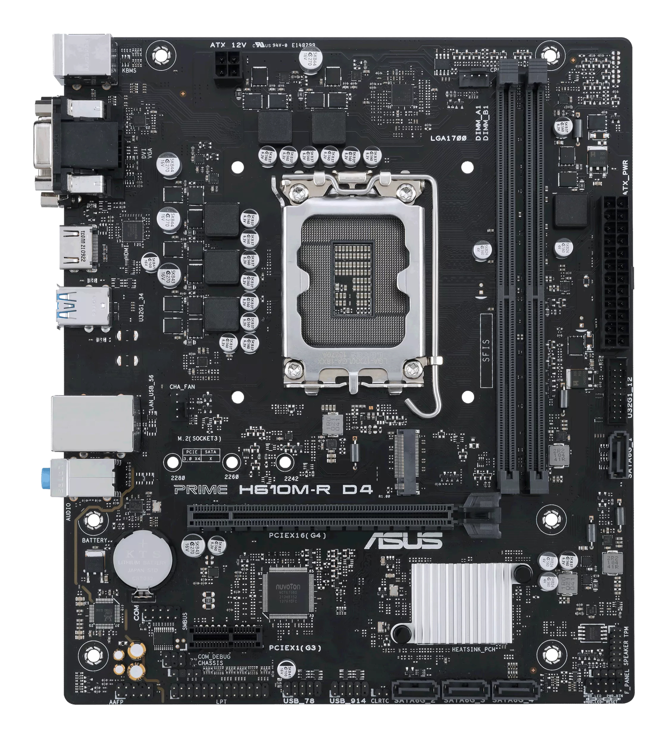Czarna płyta główna ASUS H610M-R D4 z różnymi komponentami, gniazdami i portami, w tym gniazdo LGA1700.