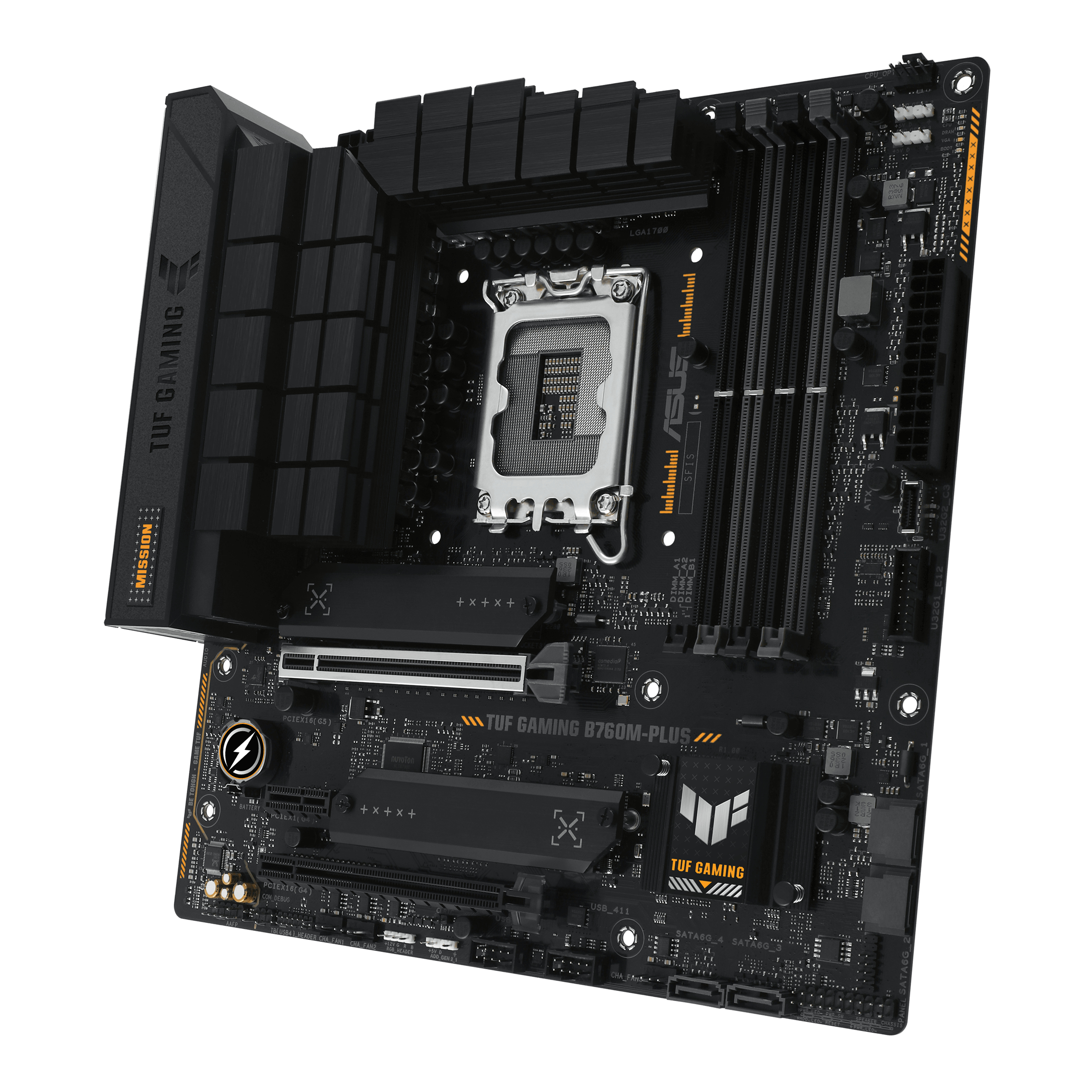 Zwart TUF Gaming B760M-PLUS moederbord. Met CPU-socket, RAM-sleuven en diverse connectoren.