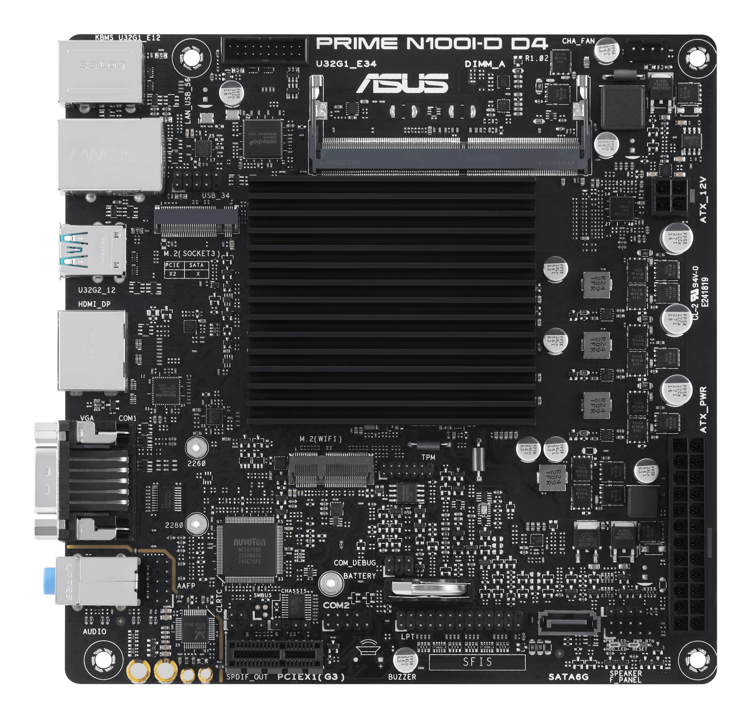 Zwart ASUS moederbord met diverse componenten: slots, poorten en een centrale zwarte heatsink.