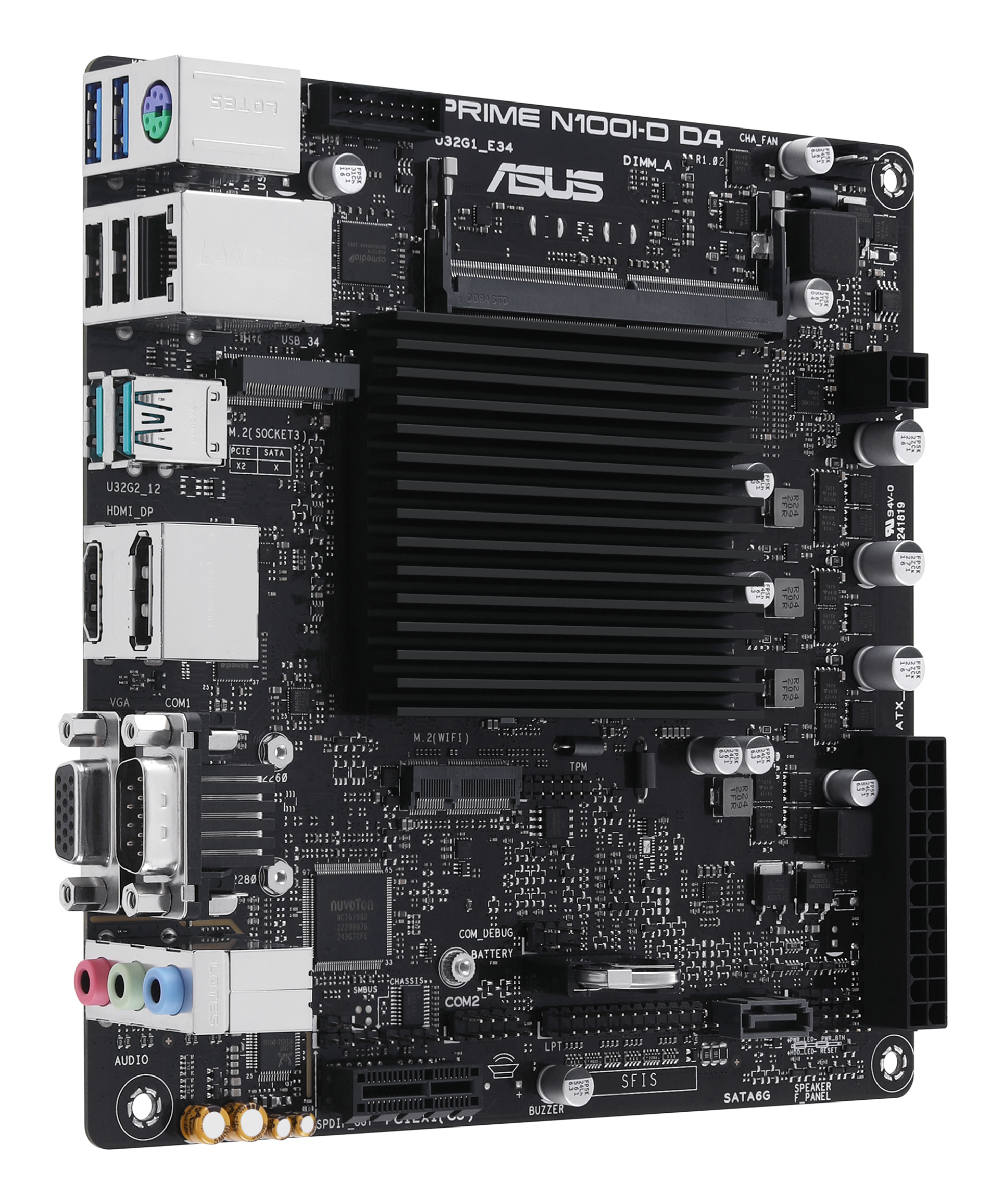 Een zwart computer moederbord met diverse componenten en slots. Het ASUS logo is zichtbaar.