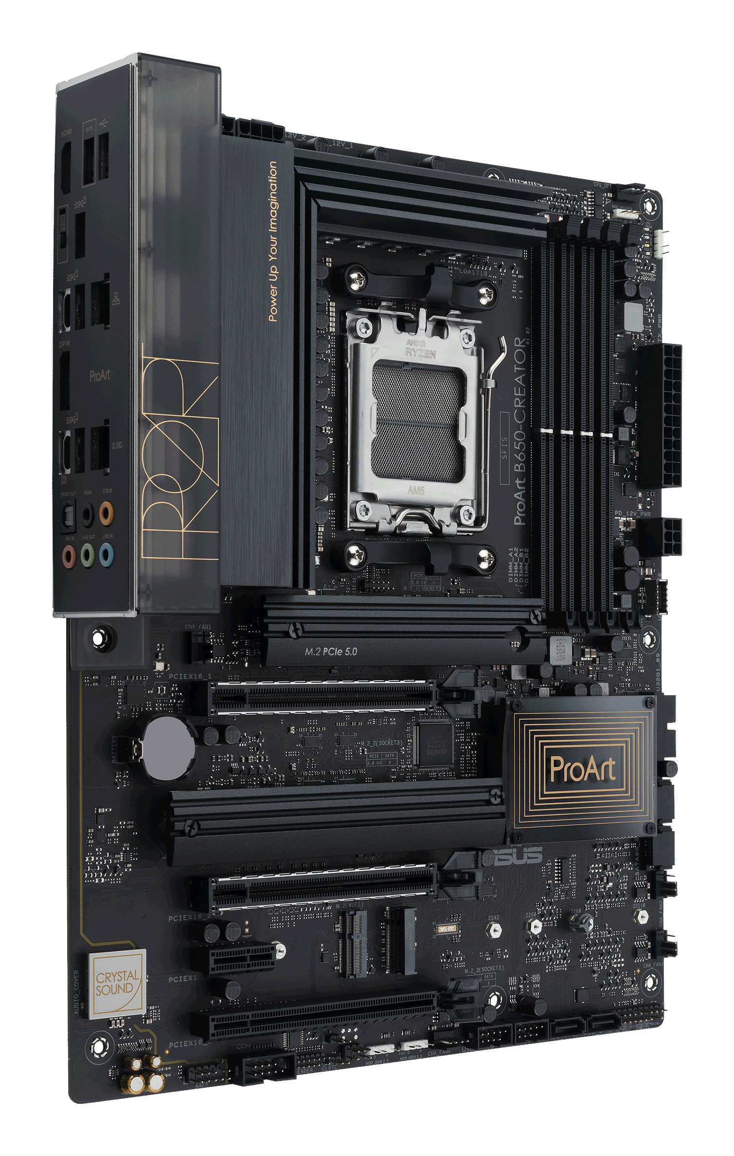 Scheda madre nera ASUS ProArt B650-CREATOR. Con slot PCIe, M.2 e socket CPU AMD Ryzen.