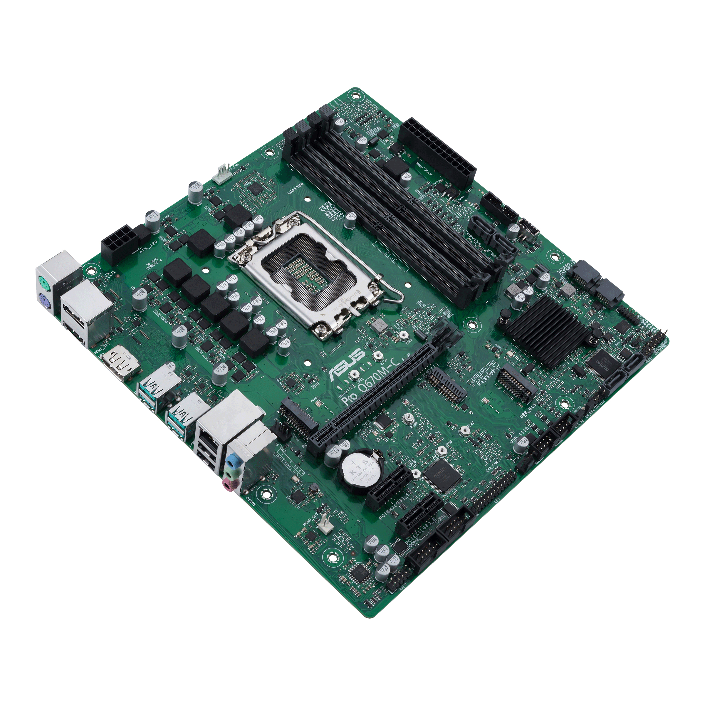 Una scheda madre verde ASUS Pro Q670M-C. Ha vari connettori, slot e chip. Lo sfondo è bianco.