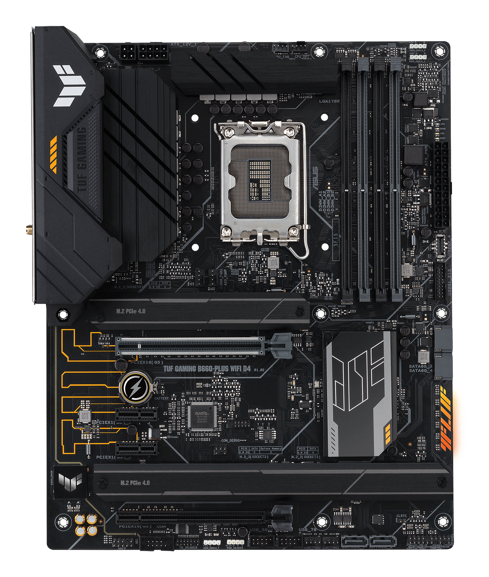 Scheda madre nera con più slot e connettori, etichettata 'TUF GAMING B660-PLUS WIFI D4'.