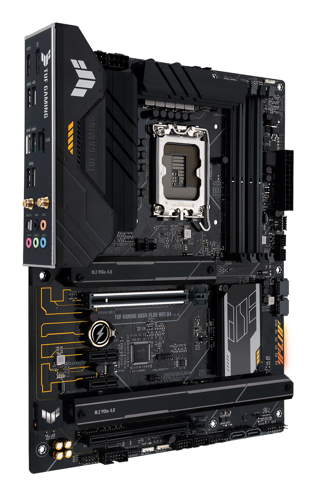 Scheda madre TUF Gaming B660-PLUS WIFI D4 nera e gialla. Include porte, slot e il logo TUF Gaming.