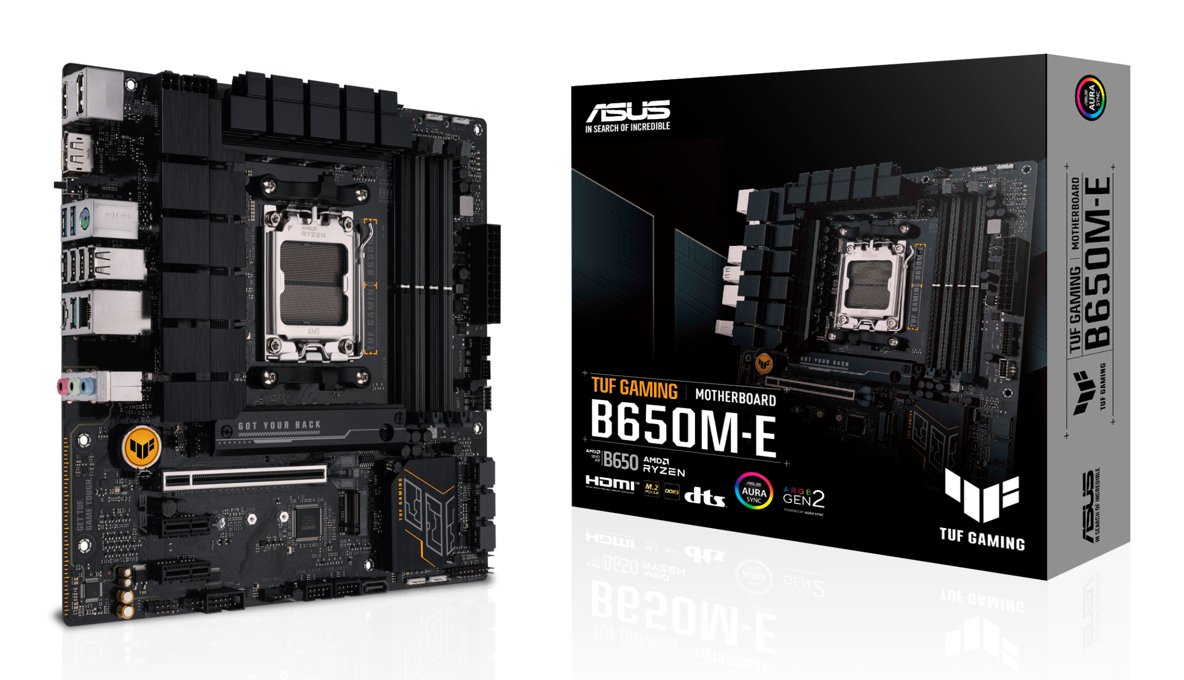 Płyta główna ASUS TUF Gaming B650M-E i jej pudełko, prezentujące funkcje i markę.