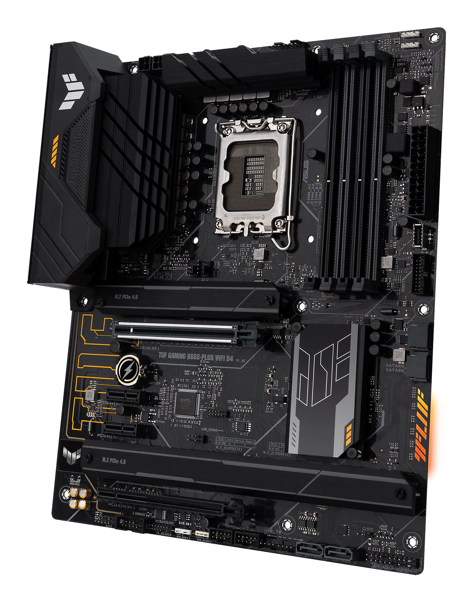 Scheda madre nera con vari componenti, tra cui slot, chip e connettori. Il logo ASUS TUF è visibile.