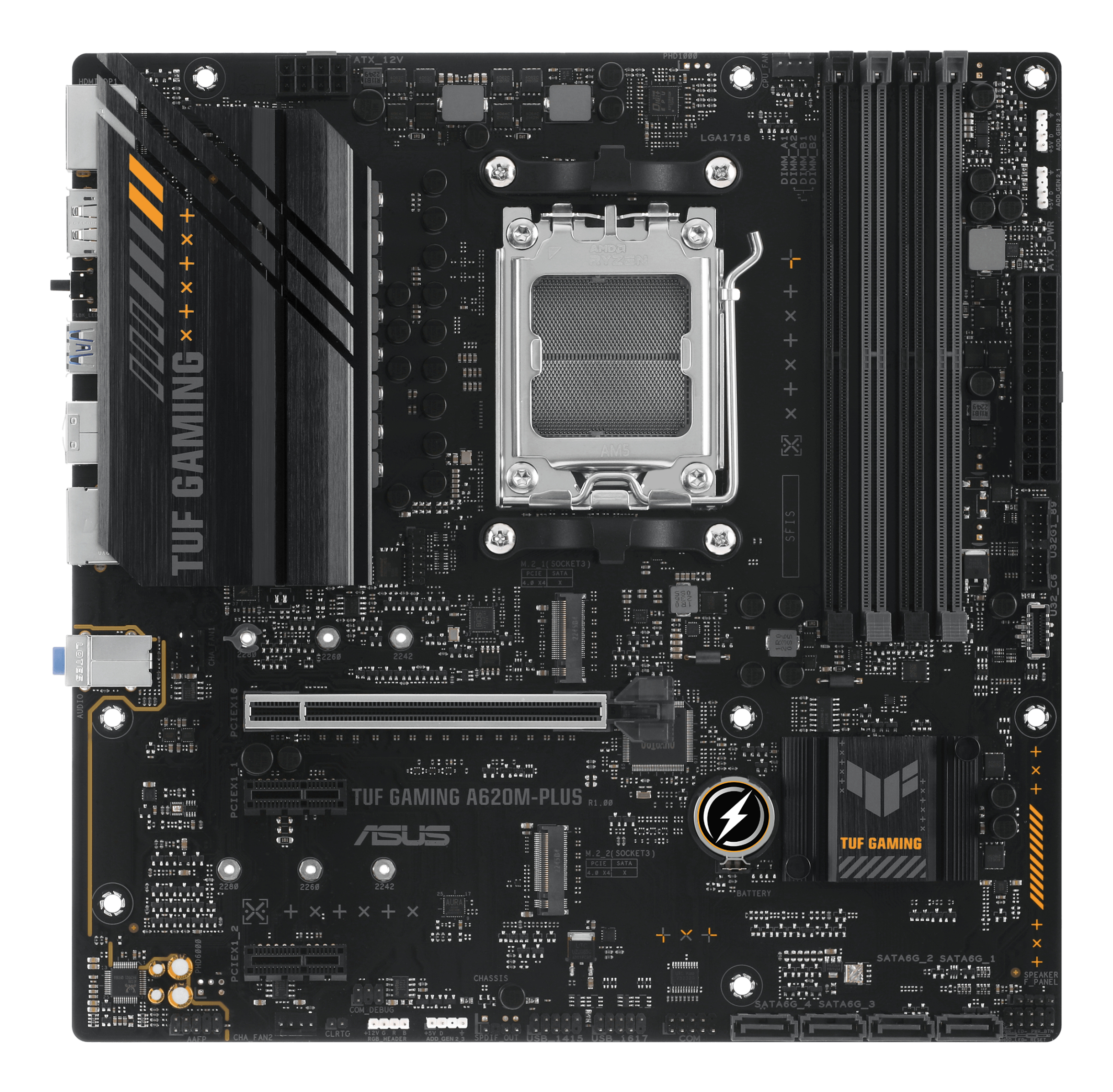 Scheda madre nera con componenti argentati e dettagli arancioni. Testo: 'TUF GAMING' e 'ASUS'.