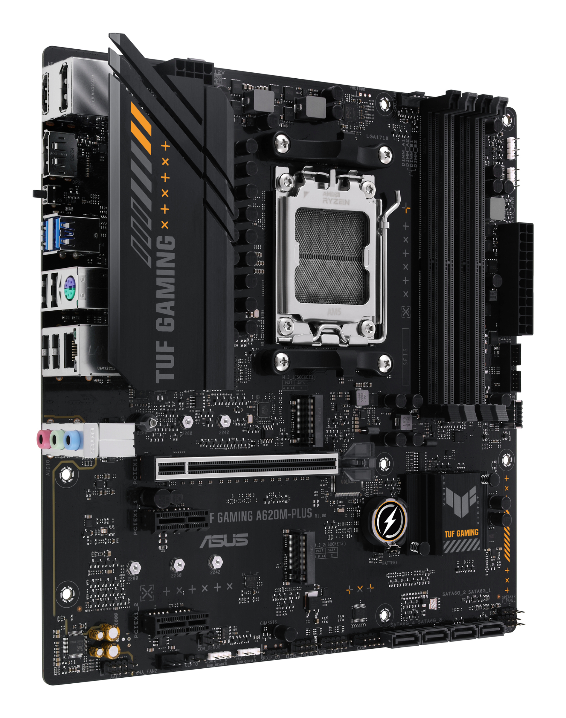 Scheda madre nera con dettagli dorati. Include socket CPU, slot espansione e connettori. ASUS TUF GAMING.