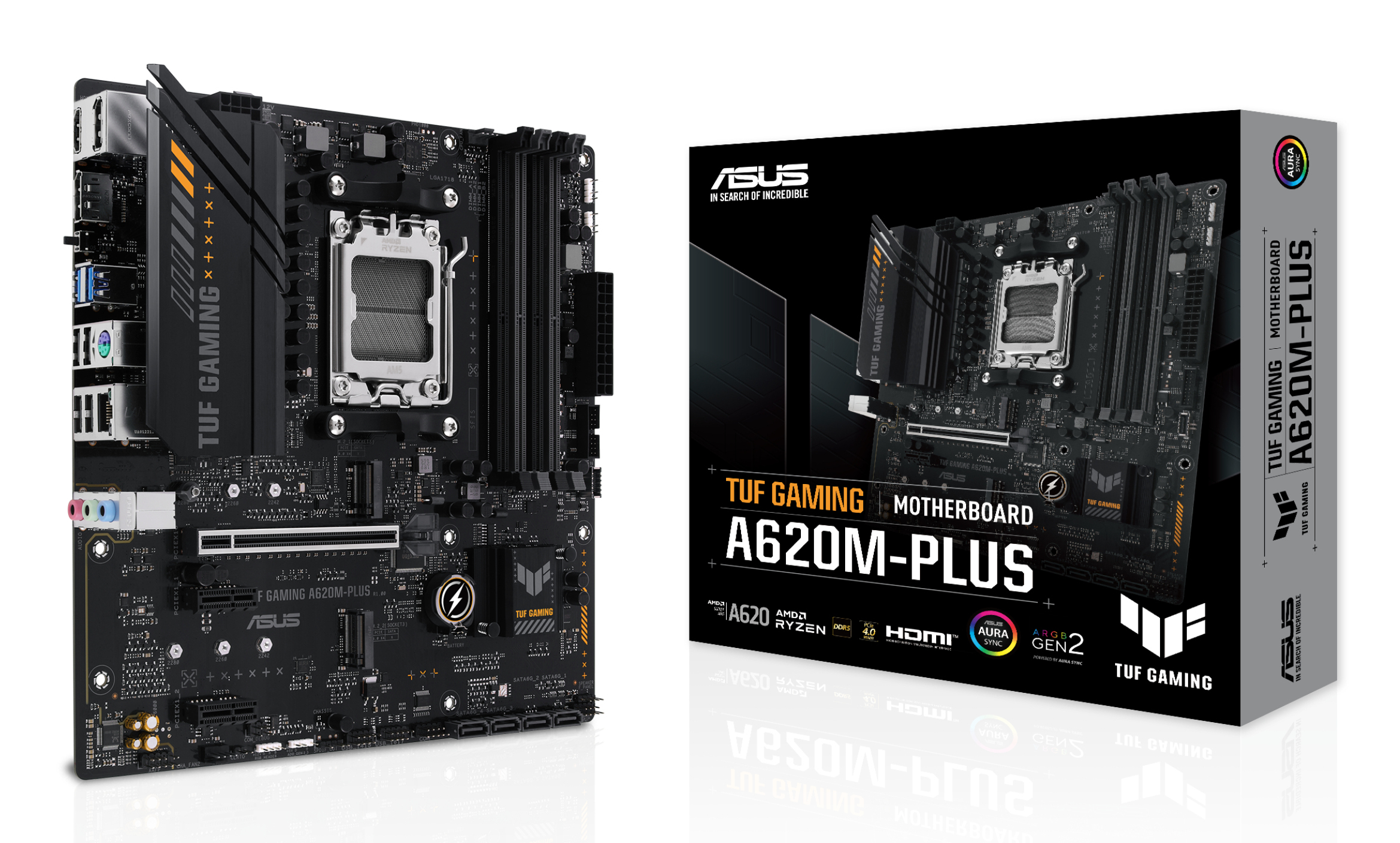 Una scheda madre ASUS TUF Gaming A620M-PLUS nera e la sua scatola sono esposte. La scatola e la scheda madre sono fianco a fianco.