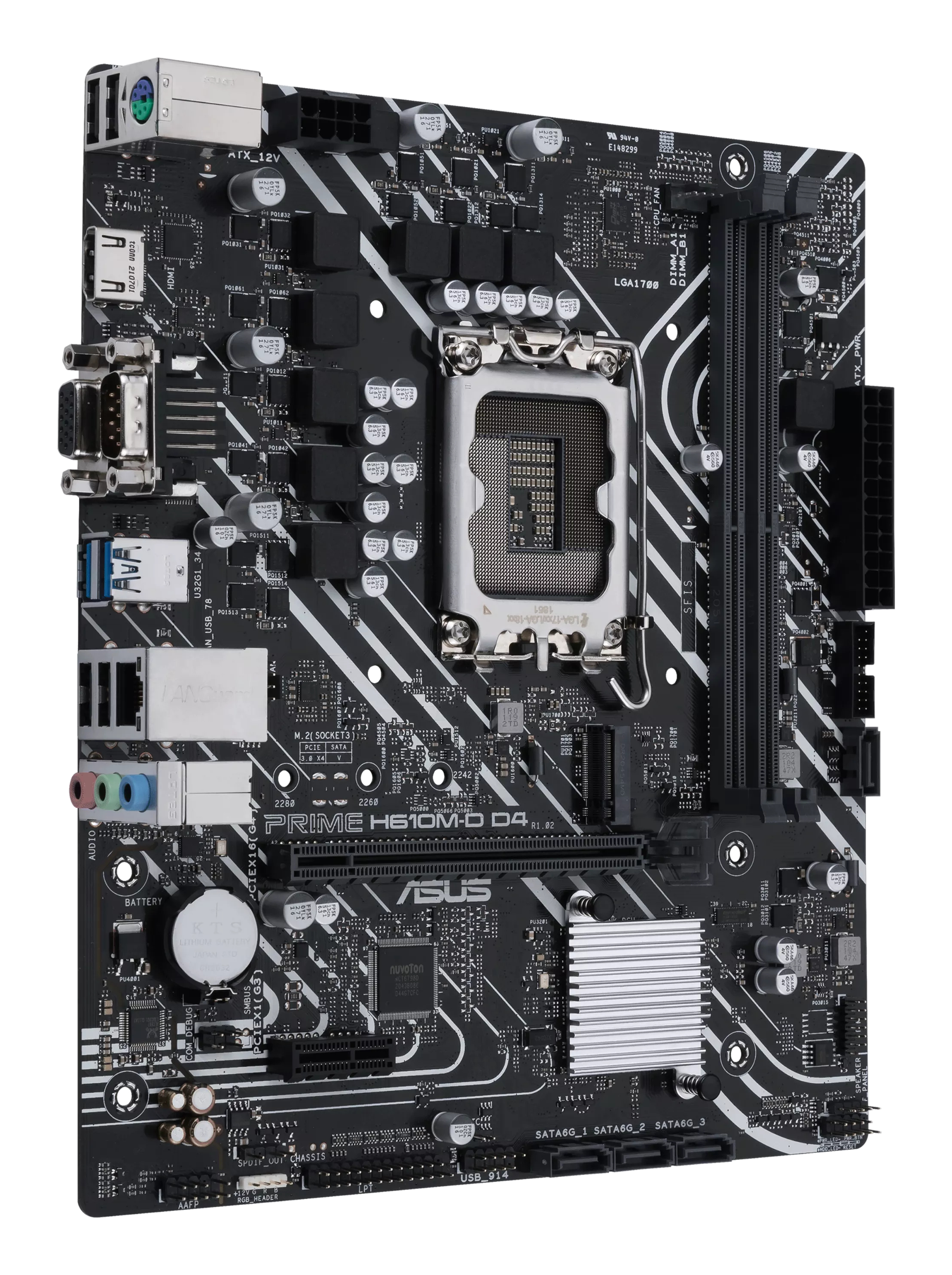 Zwart moederbord met zilveren componenten, inclusief CPU-socket, poorten en chips, op witte achtergrond.