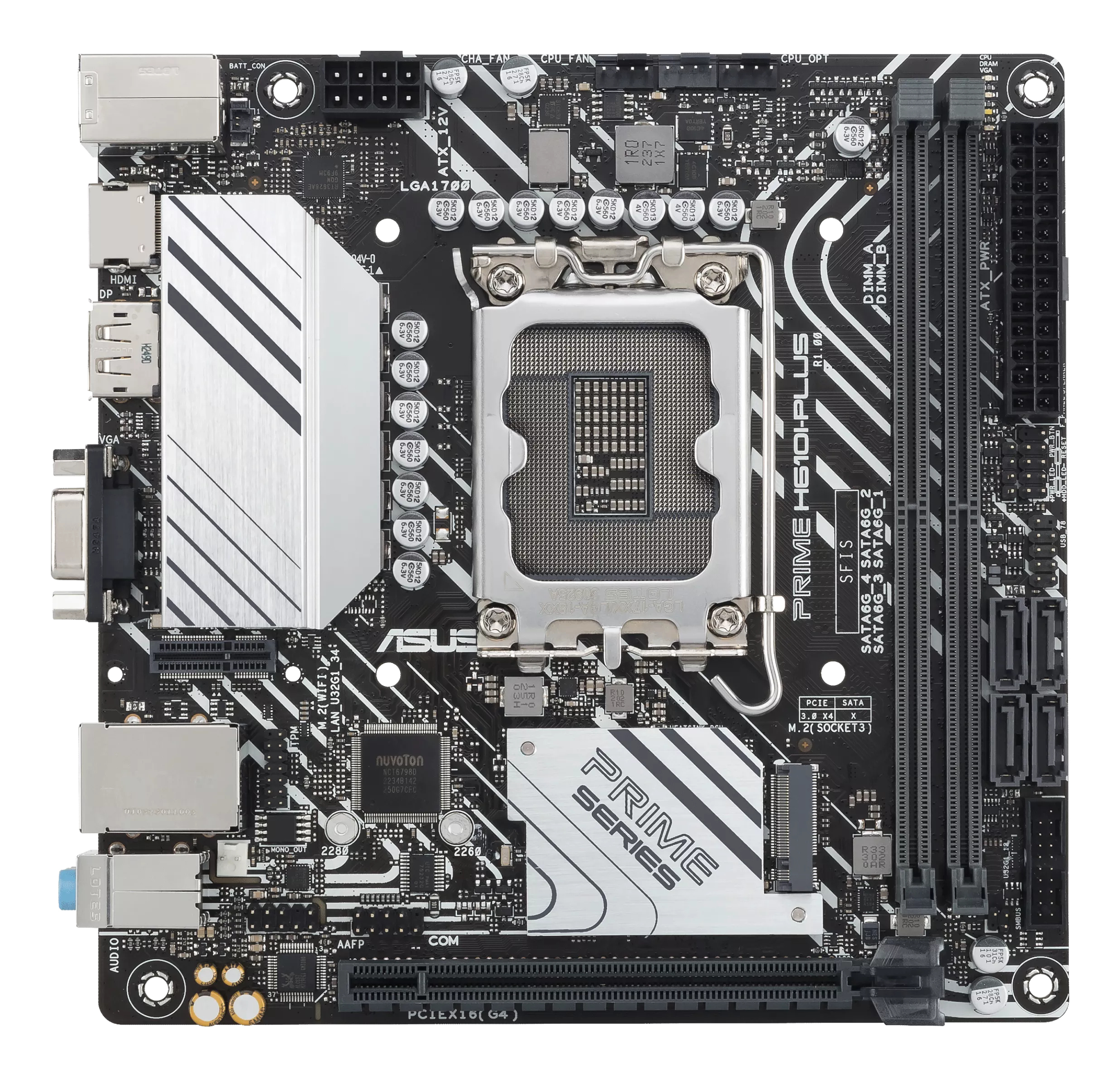 Black and silver computer motherboard with various ports and components. Text includes 'PRIME SERIES' and 'ASUS'.