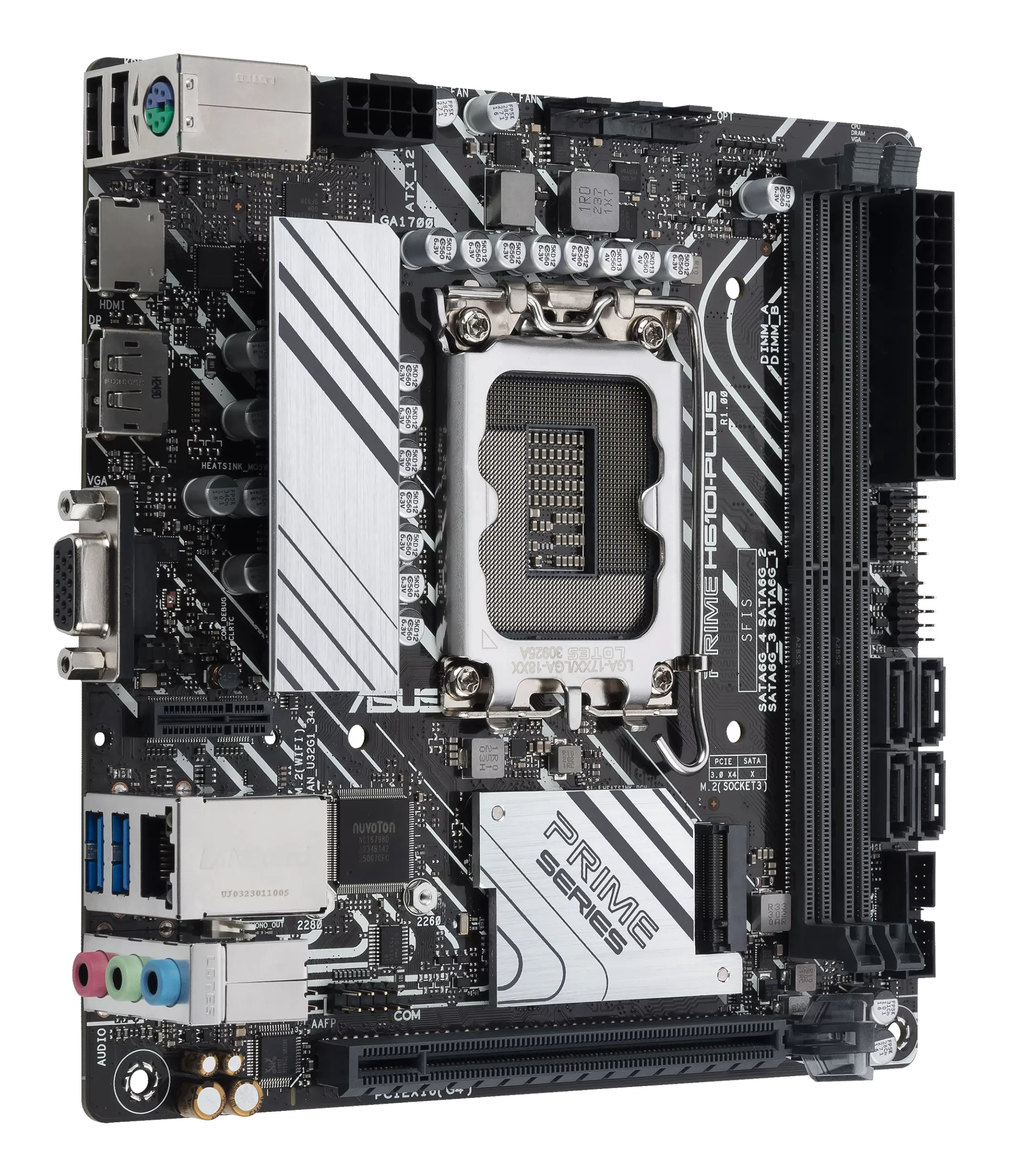 Black and silver ASUS Prime H610I-PLUS motherboard. It has various ports, slots, and a CPU socket.