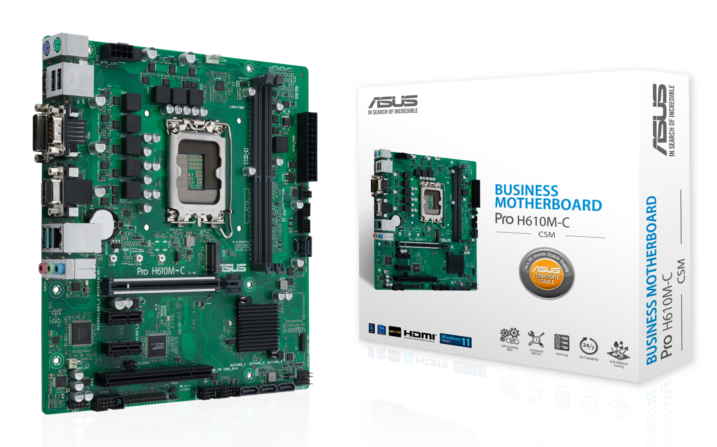 Ein grünes ASUS Pro H610M-C-Motherboard mit einer Box, die das gleiche Board und den Text: Business Motherboard zeigt.