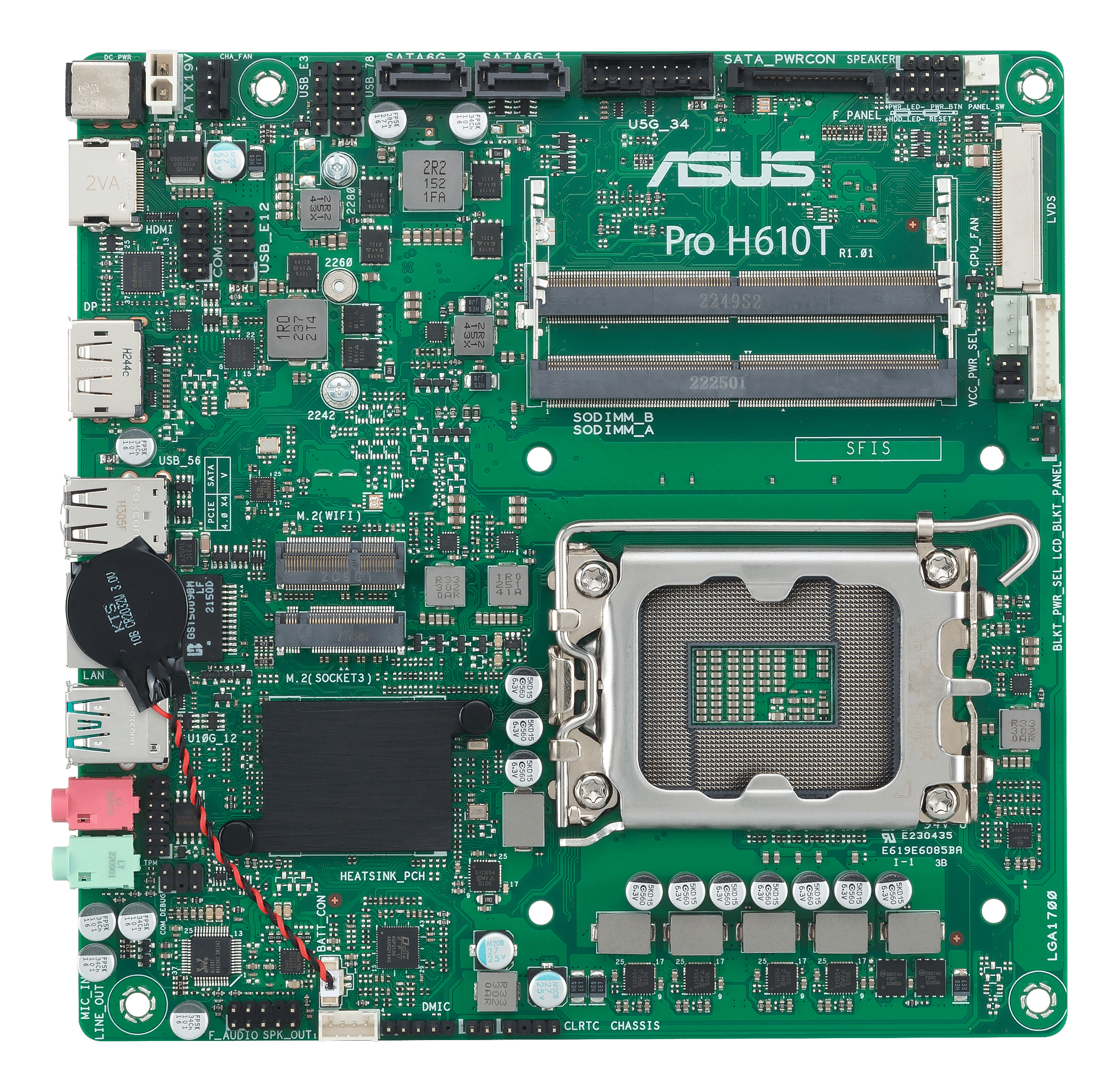 A green computer motherboard with various components like slots, chips, and connectors.