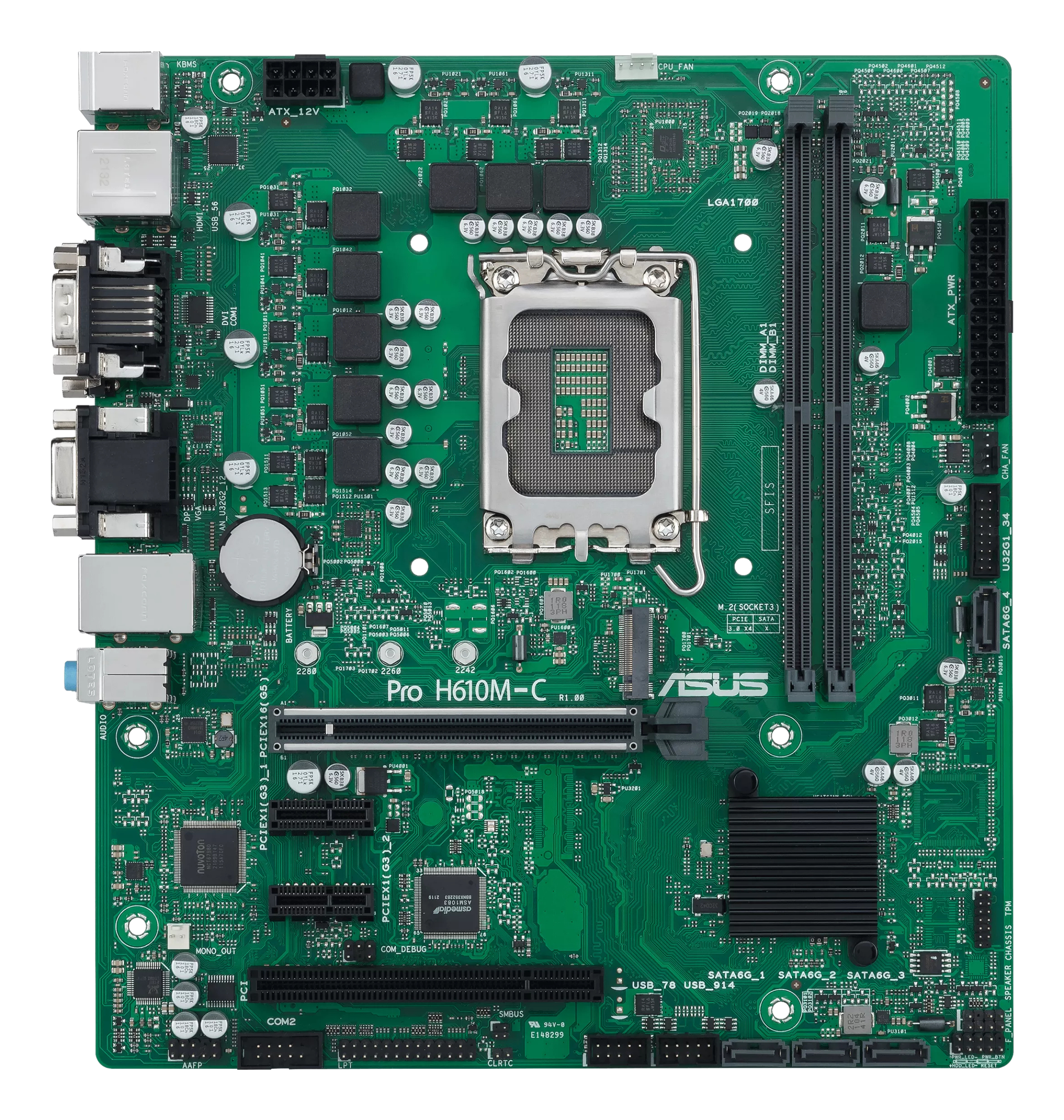 Grüne Computer-Hauptplatine mit verschiedenen Komponenten, darunter Chips, Steckplätze und Anschlüsse, vor weißem Hintergrund.