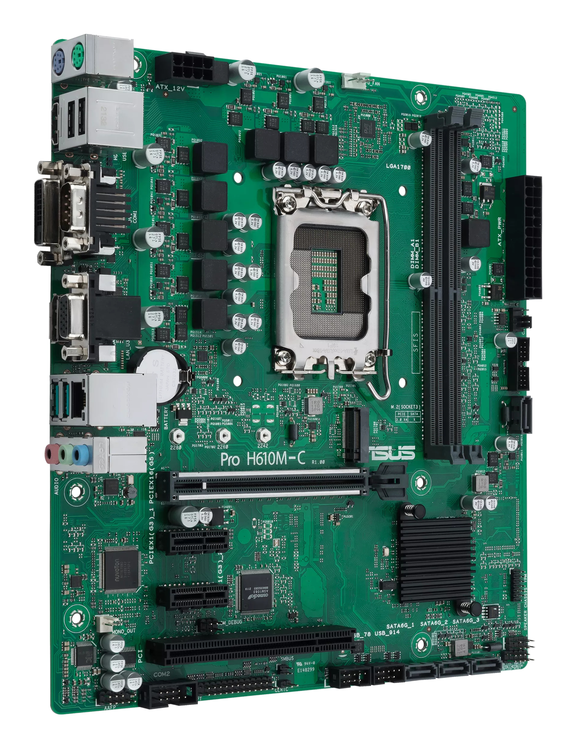 Eine grüne Hauptplatine mit Anschlüssen, Steckplätzen und Chips. Das ASUS-Logo ist sichtbar.