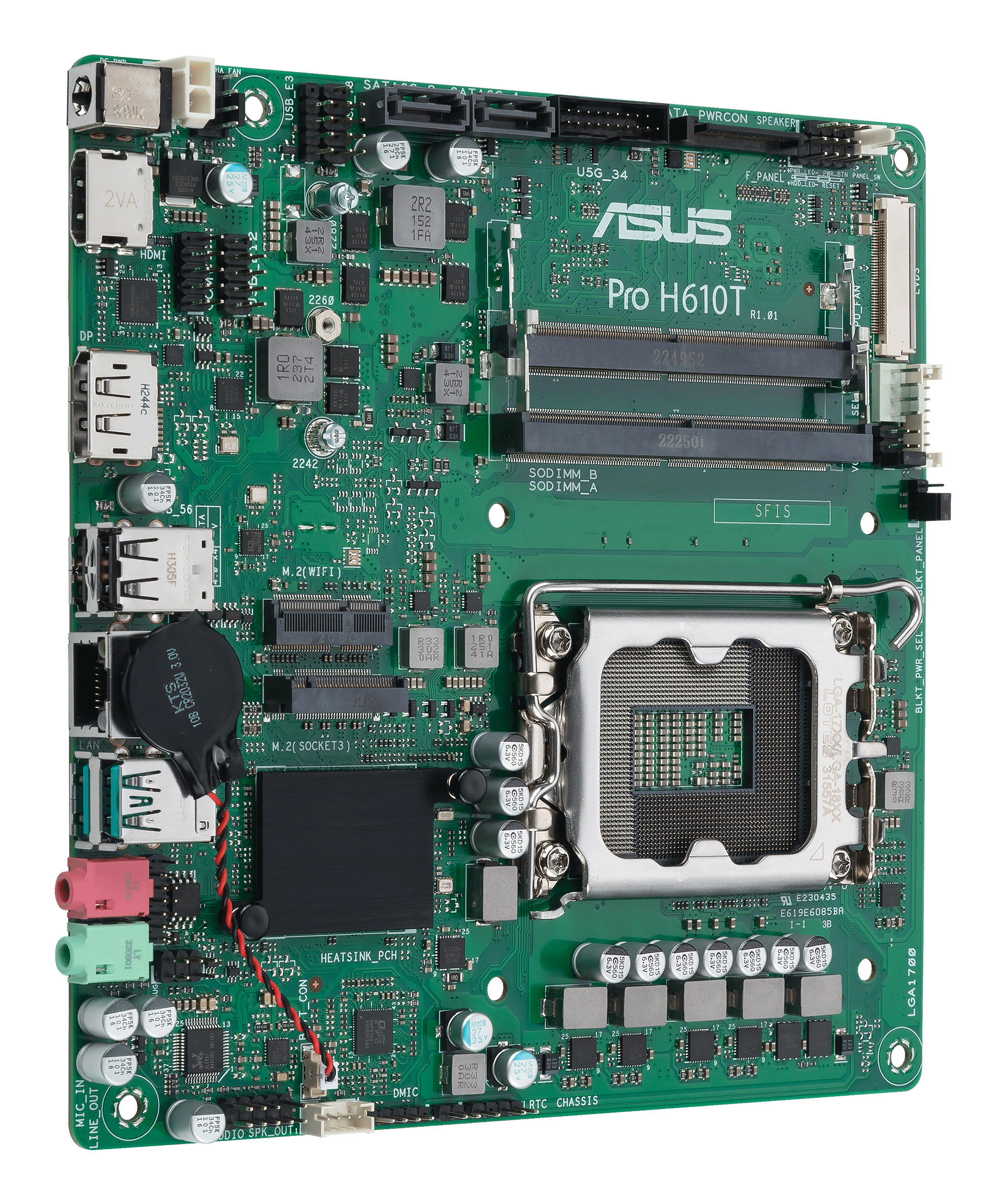 Green circuit board with various components, including chips, connectors, and a central processor socket.