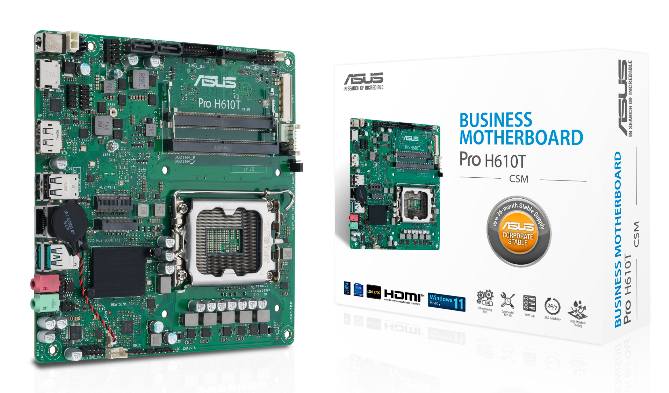 A green ASUS Pro H610T motherboard and its box are shown. The motherboard is detailed with various components.