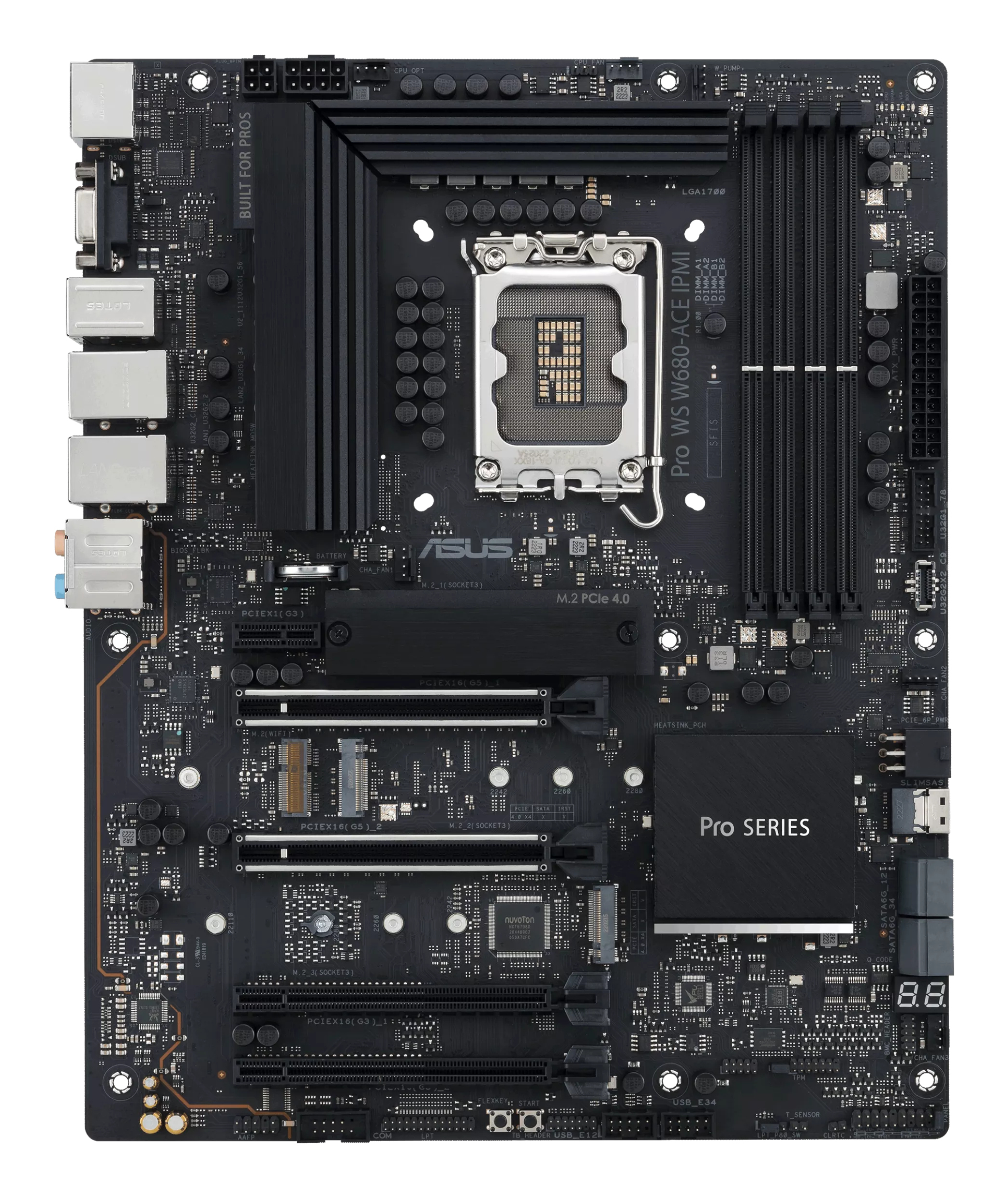 Schwarzes Computer-Motherboard mit verschiedenen Komponenten, einschließlich Steckplätzen, Anschlüssen und einem Prozessorsockel.