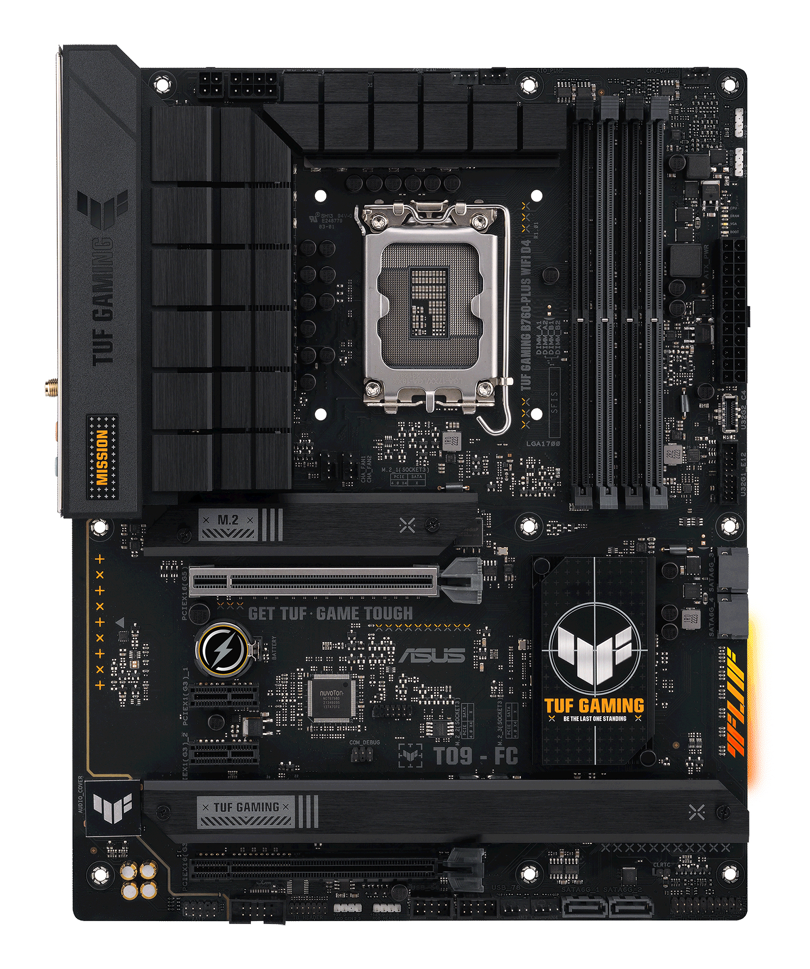 Scheda madre ASUS TUF Gaming B760-PLUS WIFI D4 nera. Include socket CPU, slot RAM e vari connettori.