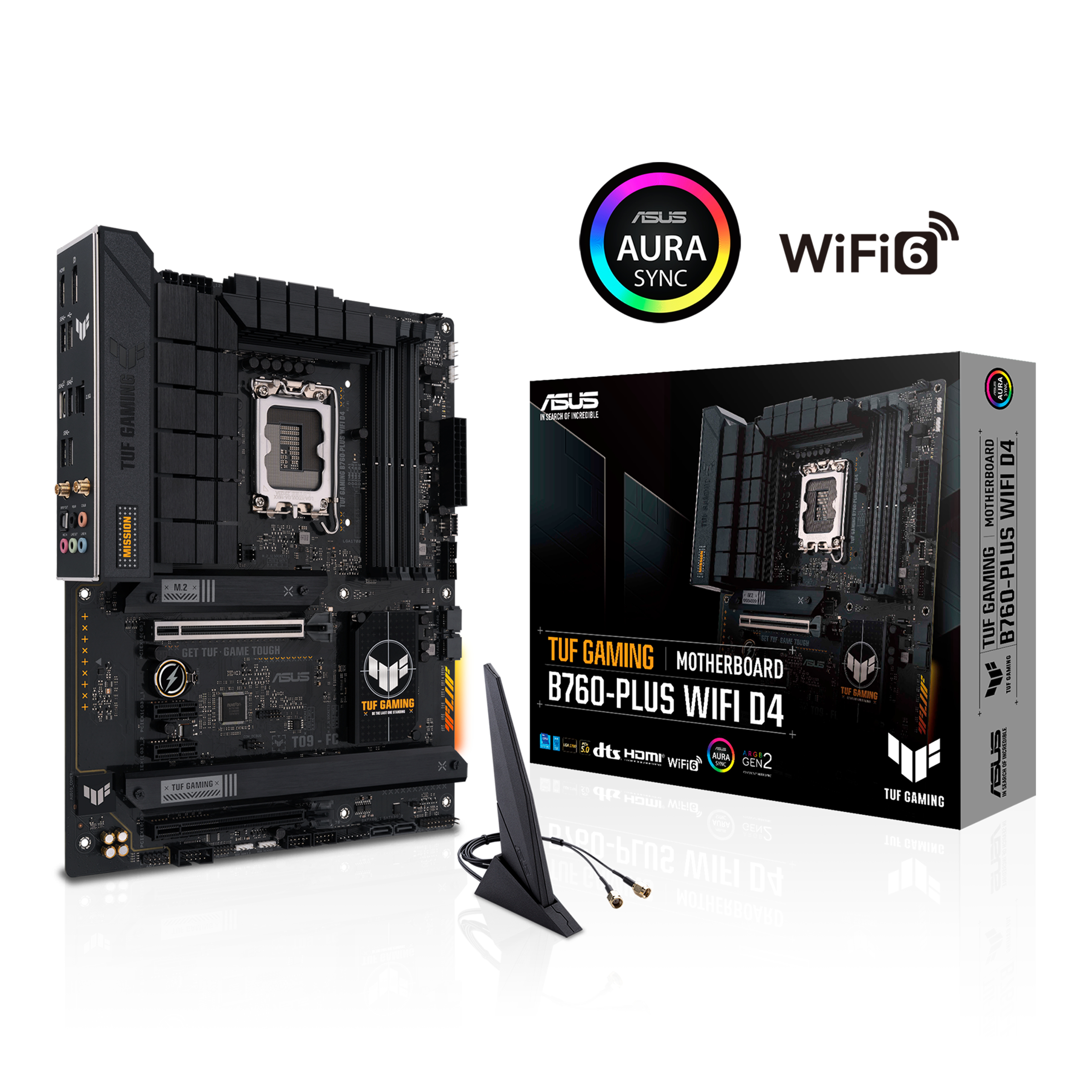Una scheda madre ASUS TUF Gaming B760-Plus WiFi D4 con scatola, supporto e logo WiFi 6.