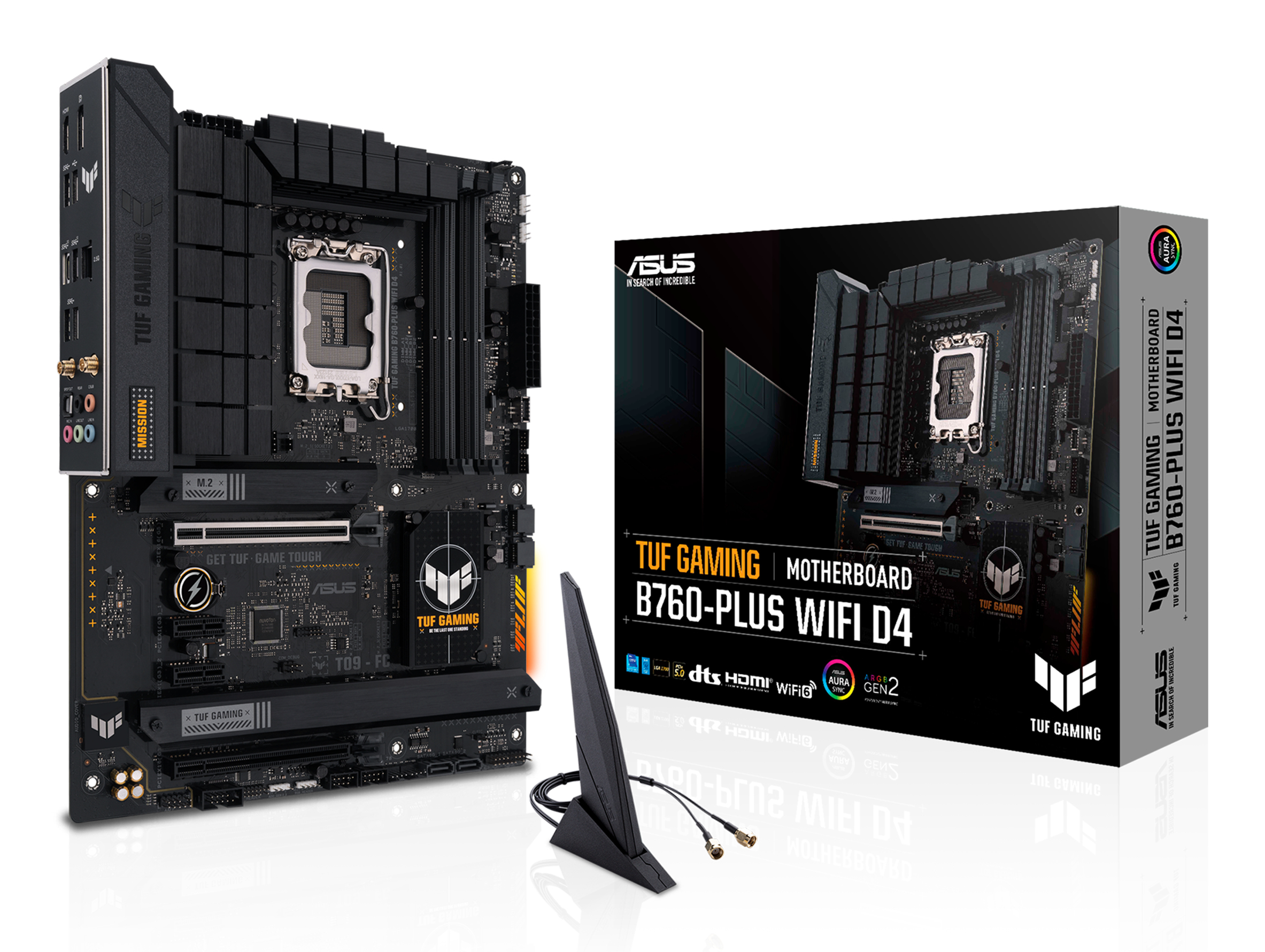 Una scheda madre con scatola e antenna. Con loghi ASUS e TUF GAMING, schema colori nero e oro. Modello B760-PLUS WIFI D4.