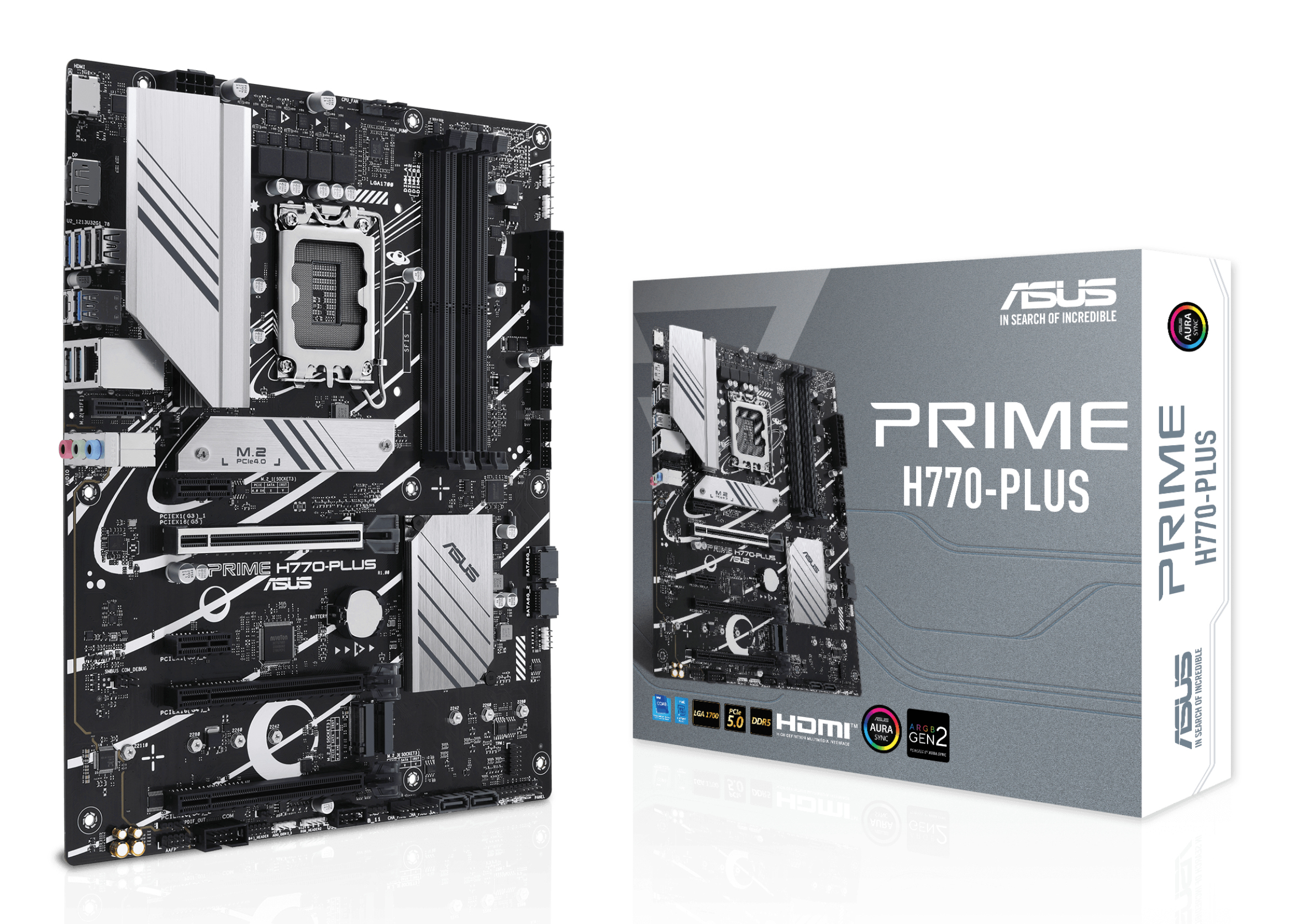 Een ASUS Prime H770-PLUS moederbord en doos worden getoond, met onderdelen en functies.