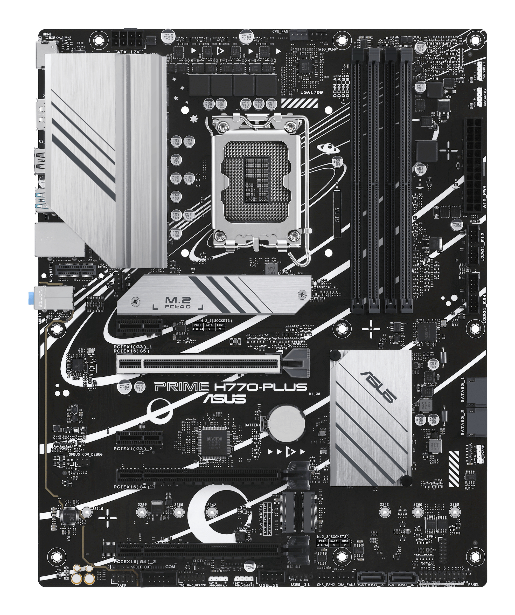 Zwart moederbord met zilveren koellichamen en sleuven. ASUS en PRIME zijn zichtbaar.