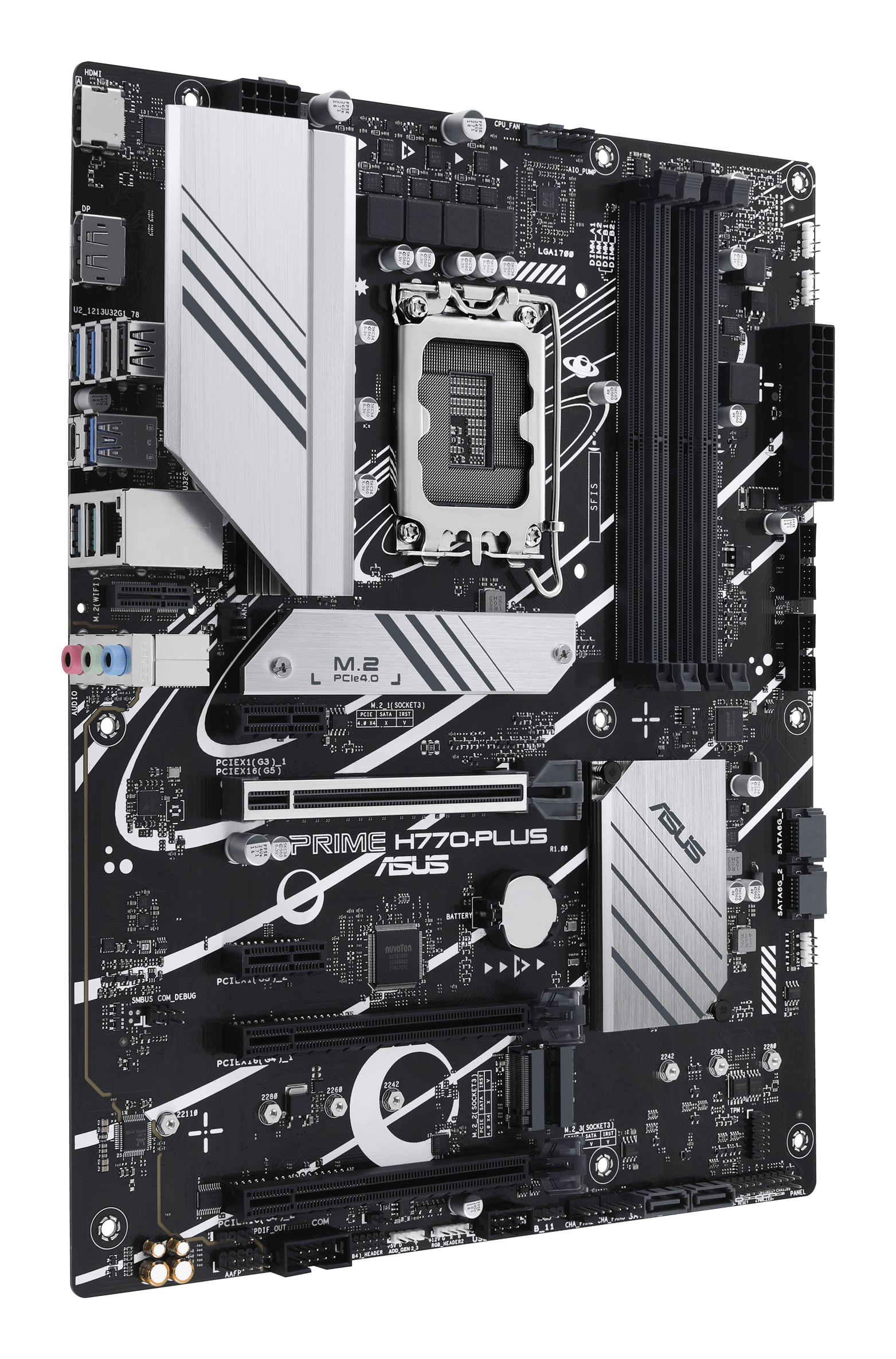 Een zwart ASUS PRIME H770-PLUS moederbord. Het heeft zilveren koellichamen, slots en connectoren. Tekst bevat ASUS en PRIME.